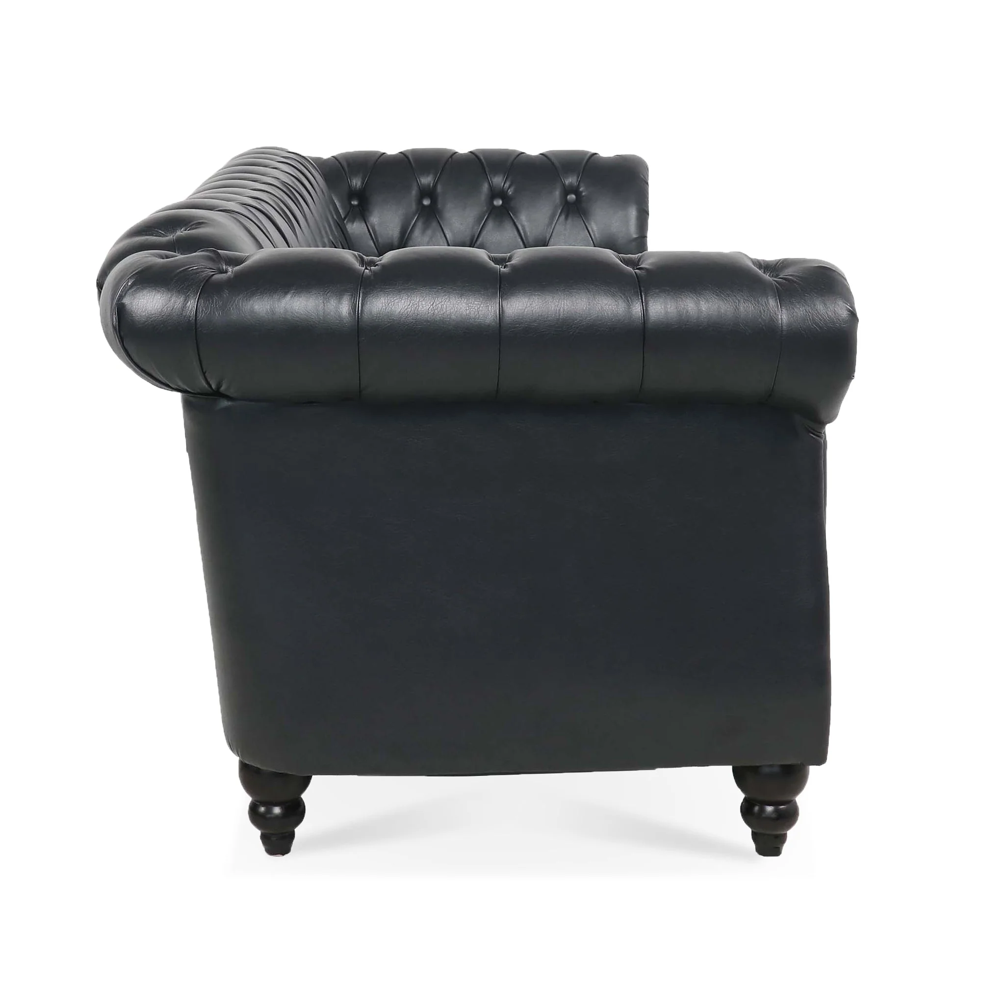 84.65' BLACK PU Rolled Arm Chesterfield Three Seater Sofa. - Image 5