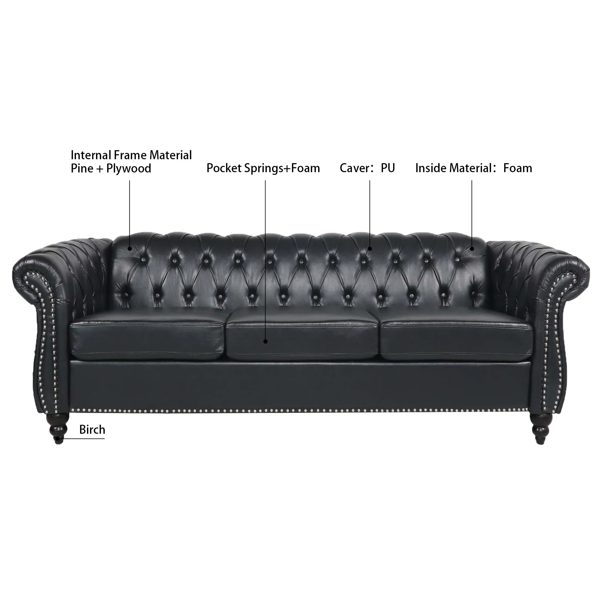 84.65' BLACK PU Rolled Arm Chesterfield Three Seater Sofa. - Image 8