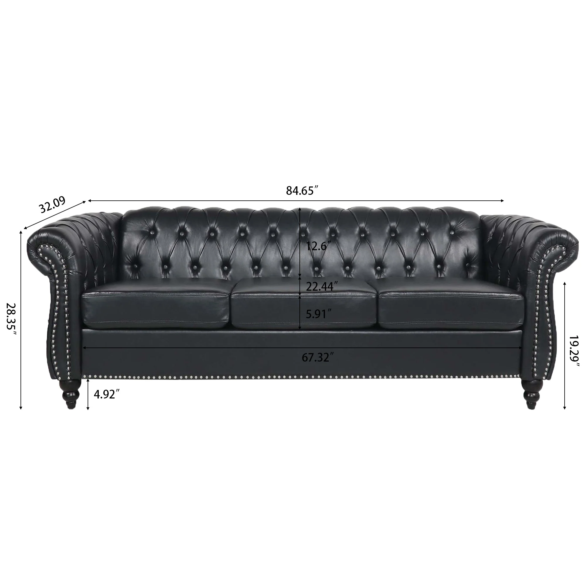 84.65' BLACK PU Rolled Arm Chesterfield Three Seater Sofa. - Image 9