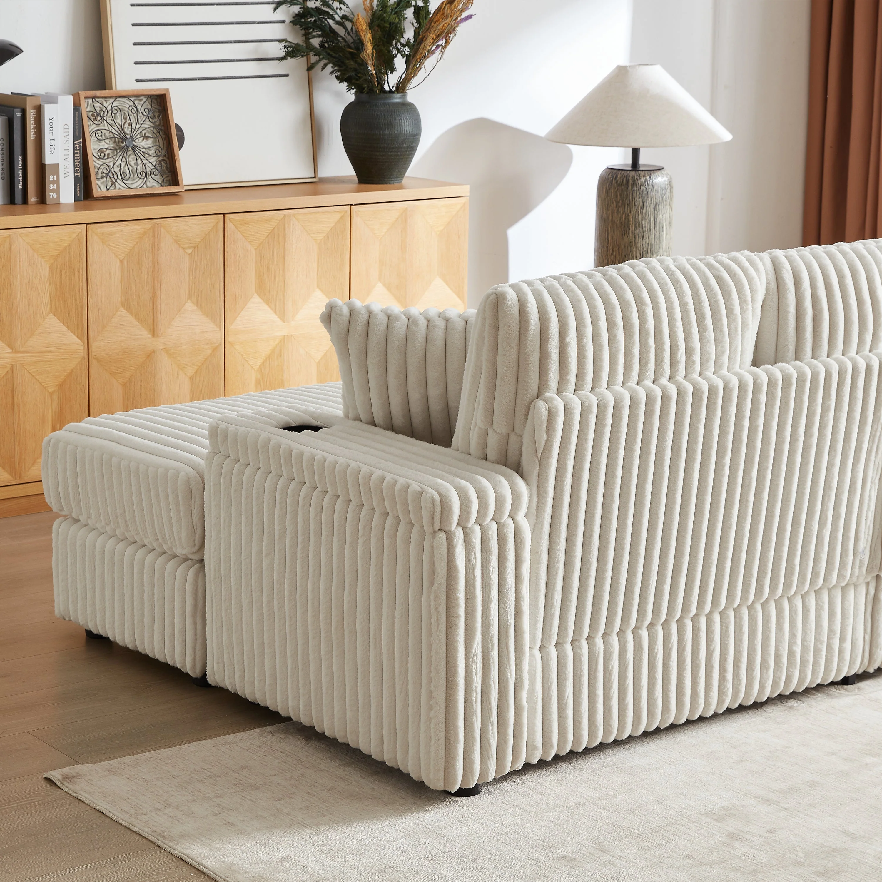 84-Inch Corduroy 3-Seater Sofa with Pillows and Ottomans - Image 11