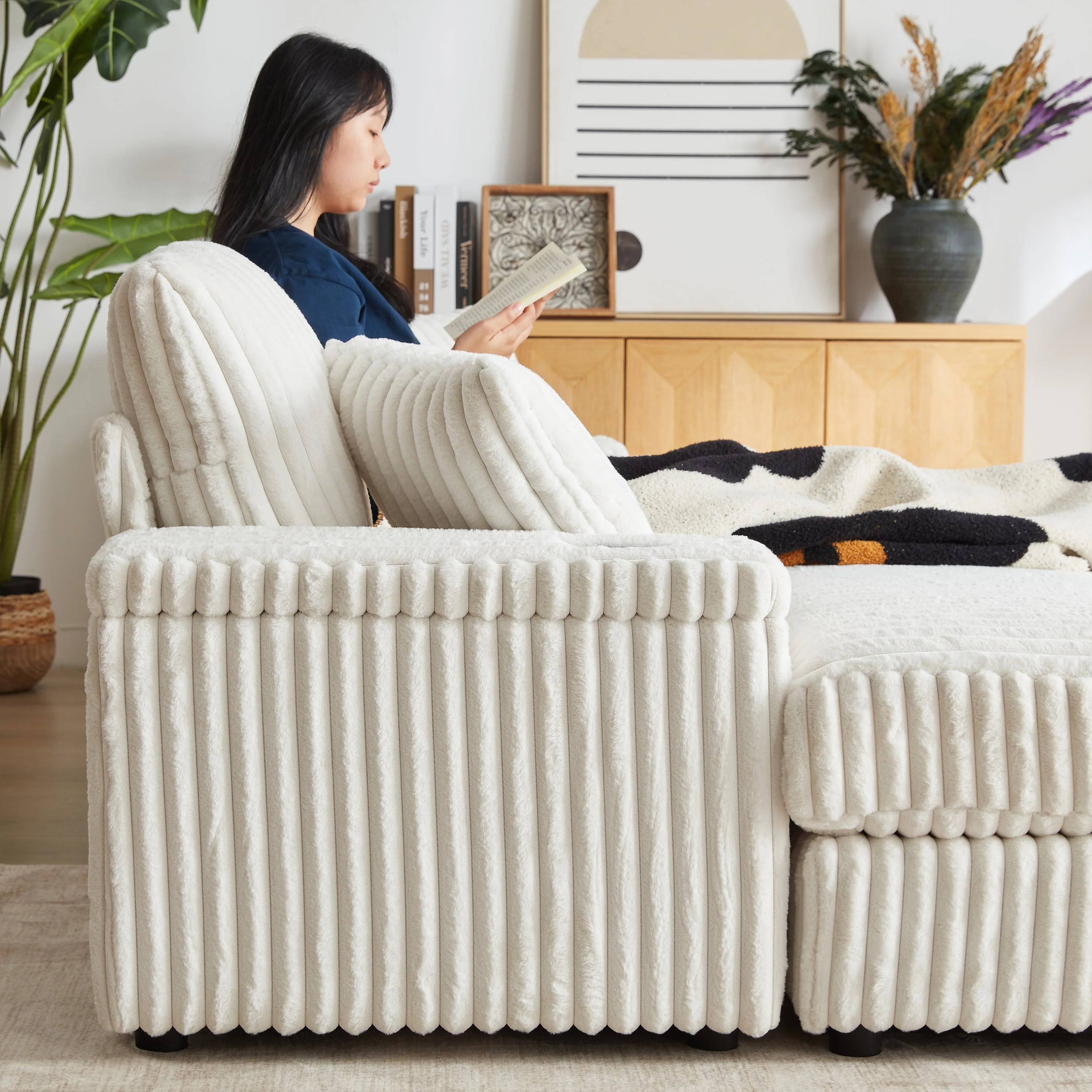 84-Inch Corduroy 3-Seater Sofa with Pillows and Ottomans - Image 12