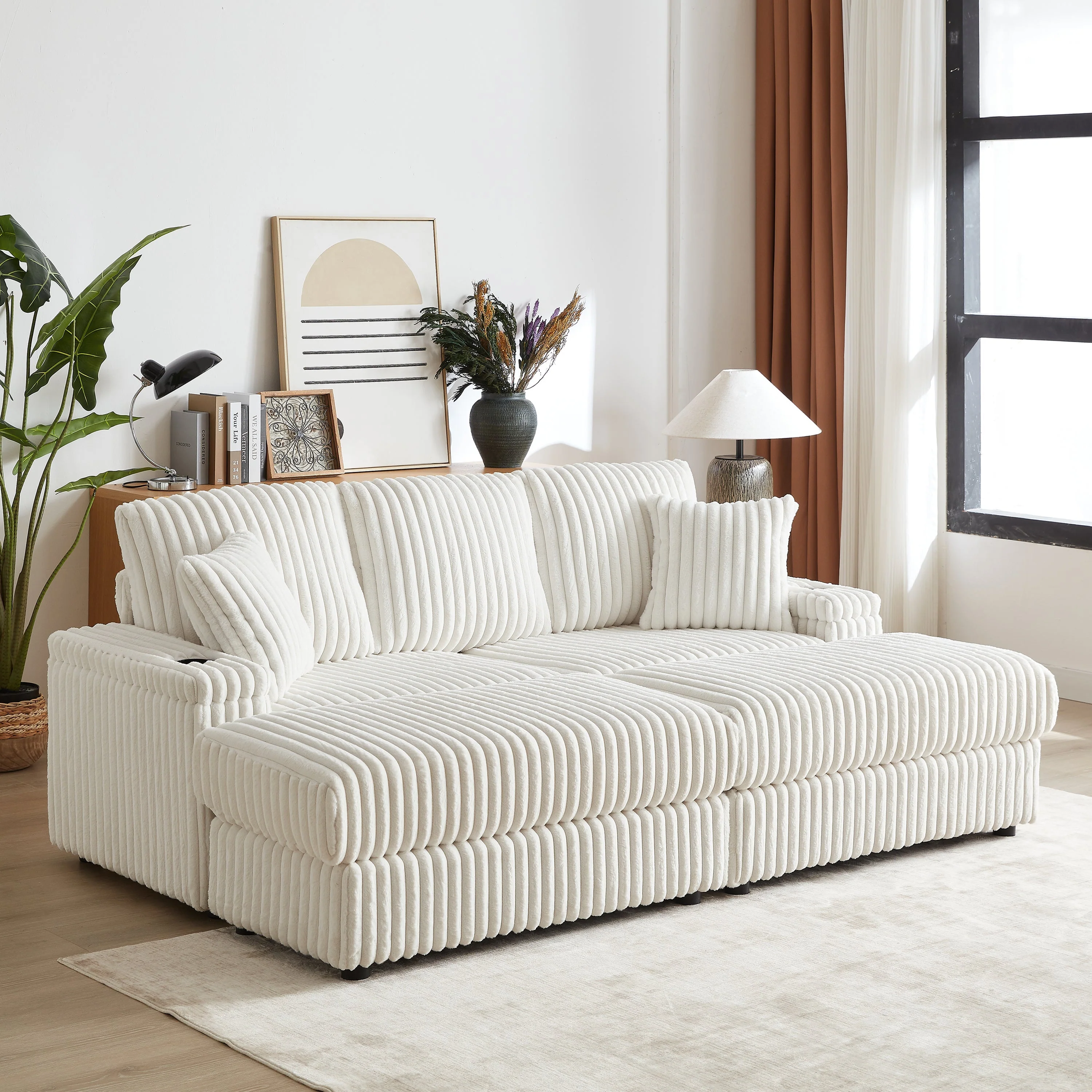 84-Inch Corduroy 3-Seater Sofa with Pillows and Ottomans - Image 13