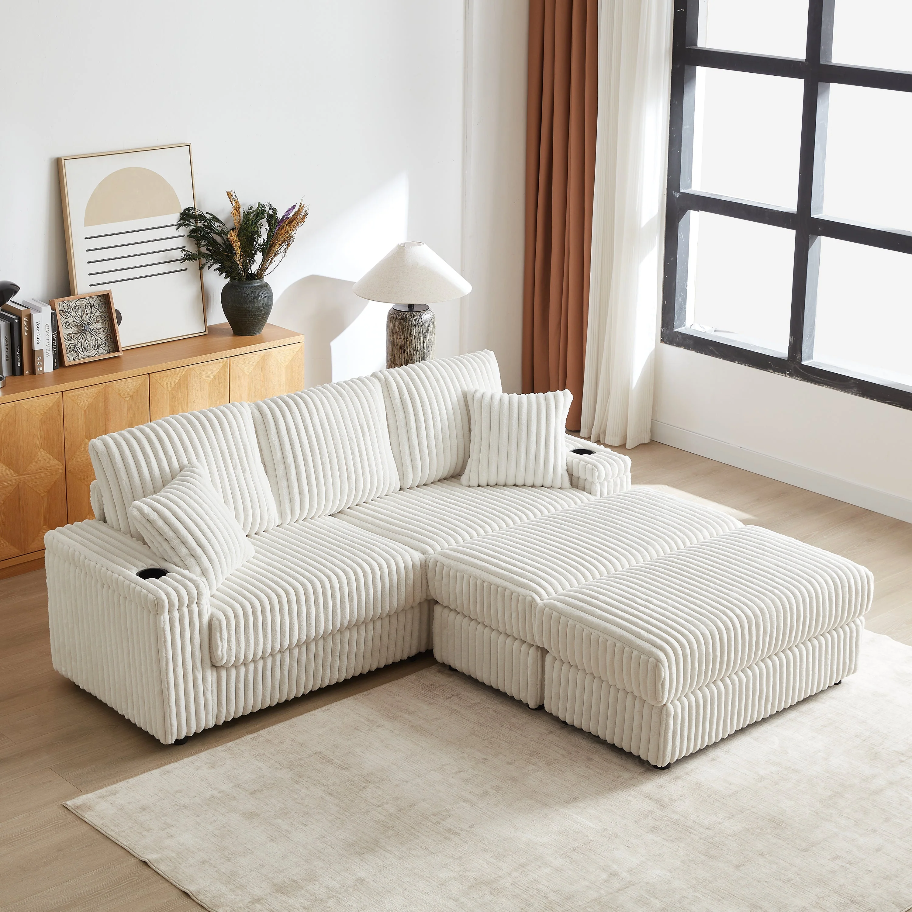 84-Inch Corduroy 3-Seater Sofa with Pillows and Ottomans - Image 14