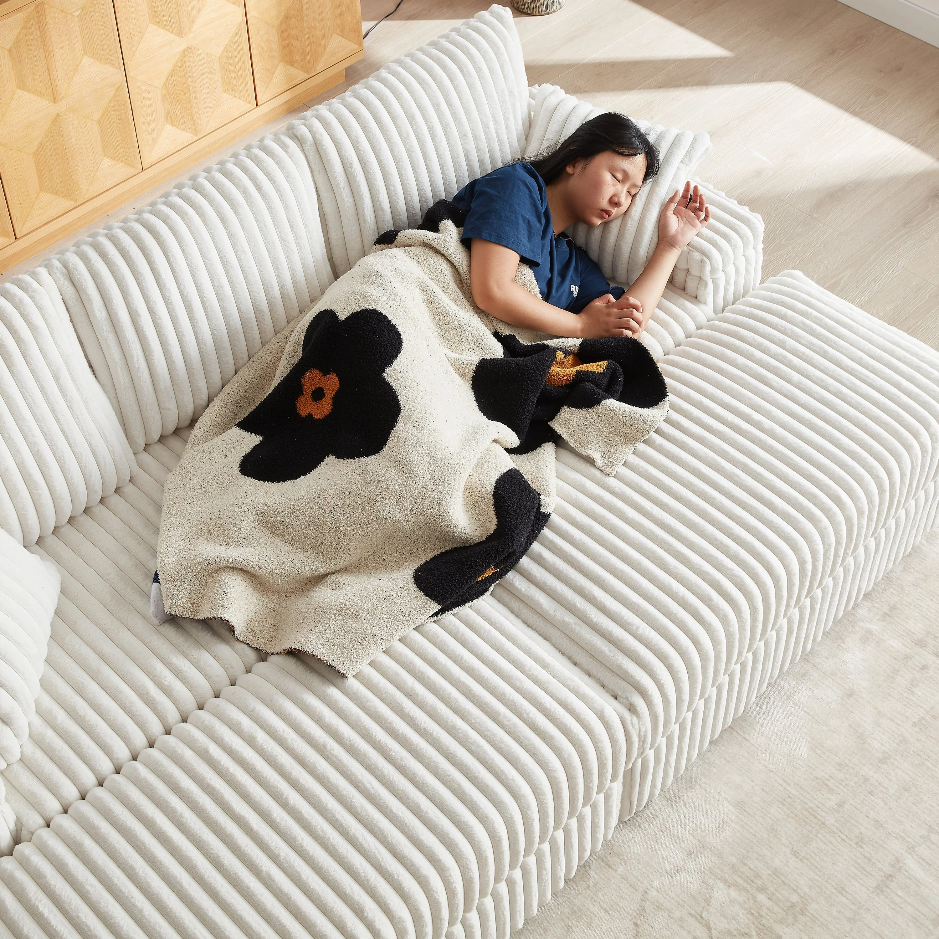 84-Inch Corduroy 3-Seater Sofa with Pillows and Ottomans - Image 15