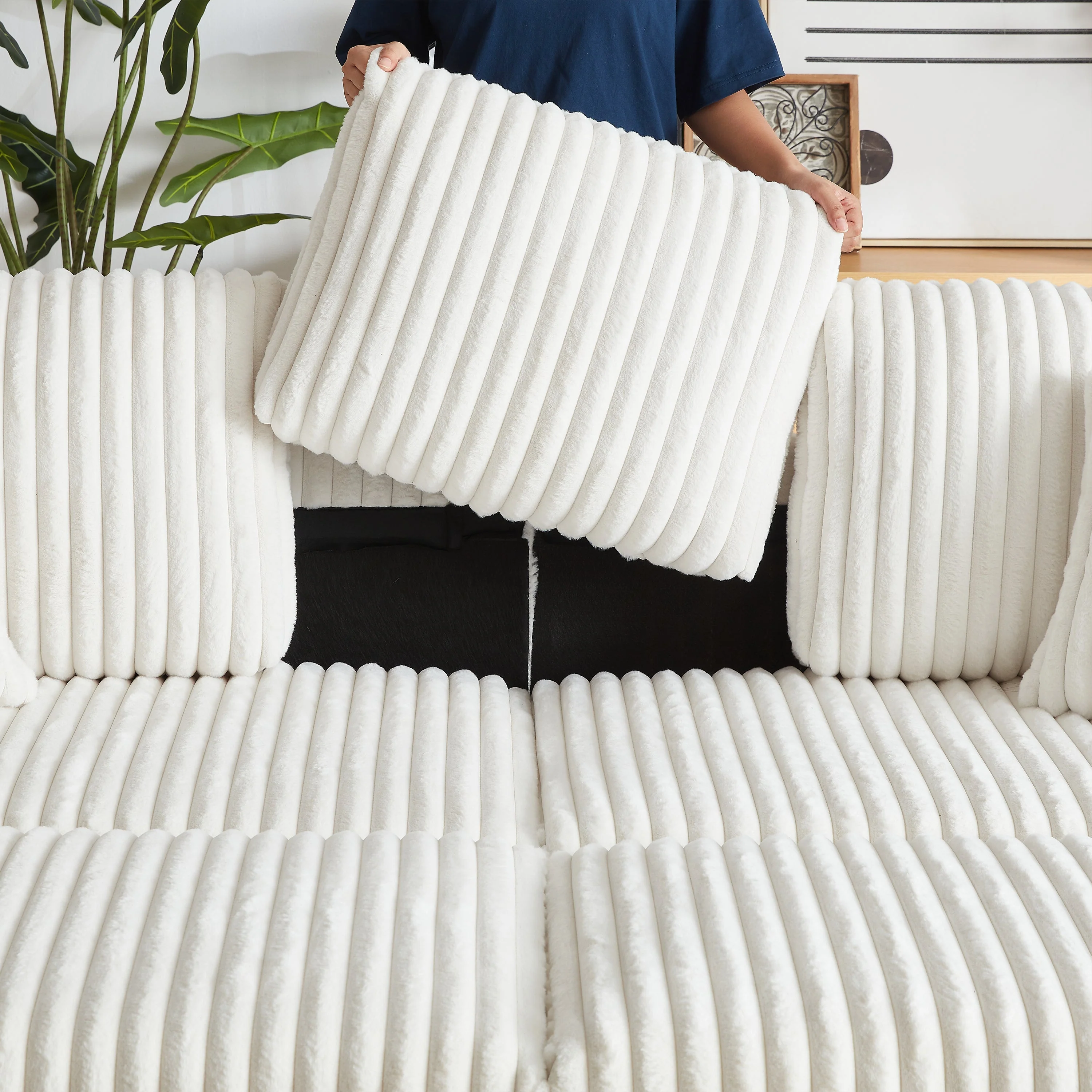 84-Inch Corduroy 3-Seater Sofa with Pillows and Ottomans - Image 16