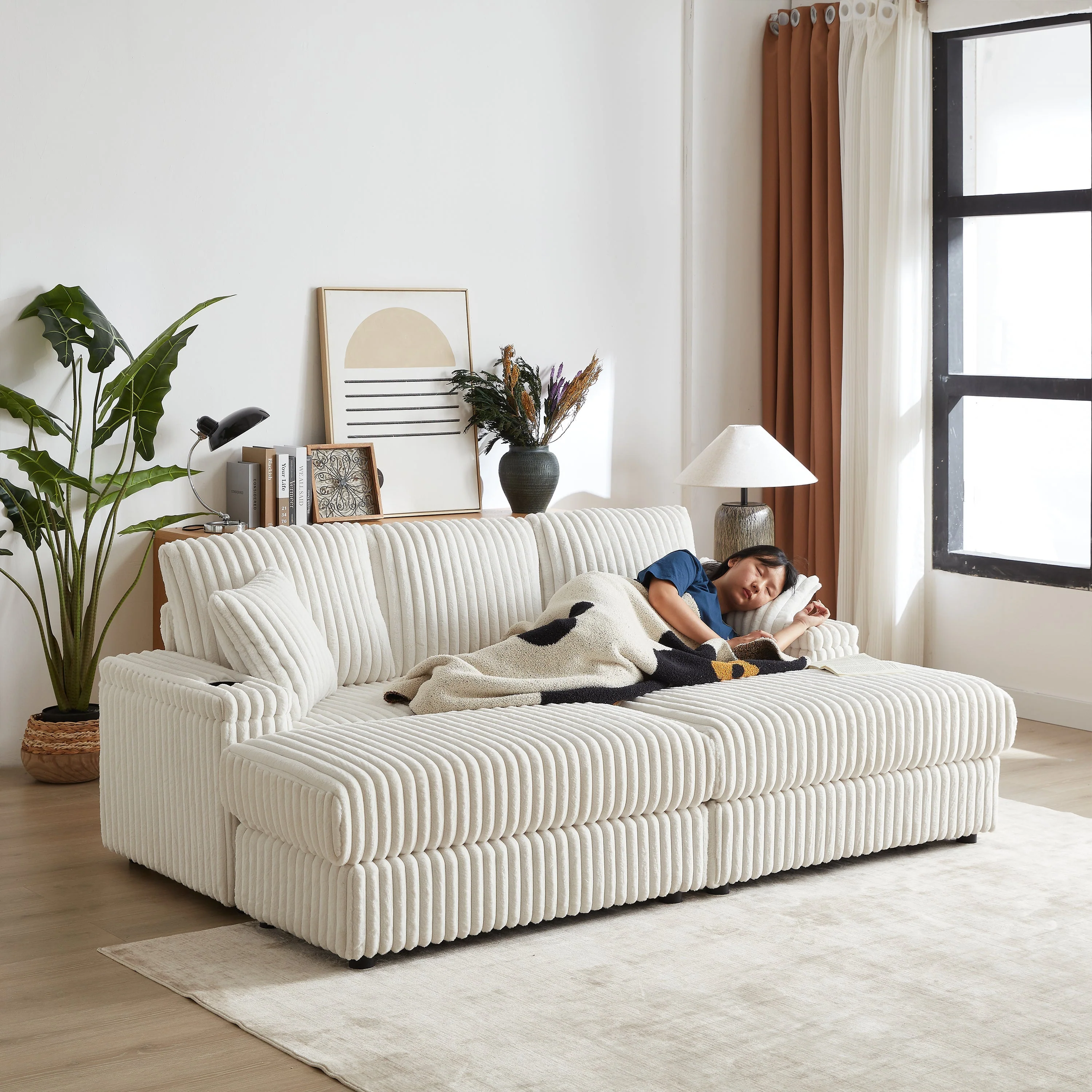 84-Inch Corduroy 3-Seater Sofa with Pillows and Ottomans - Image 17