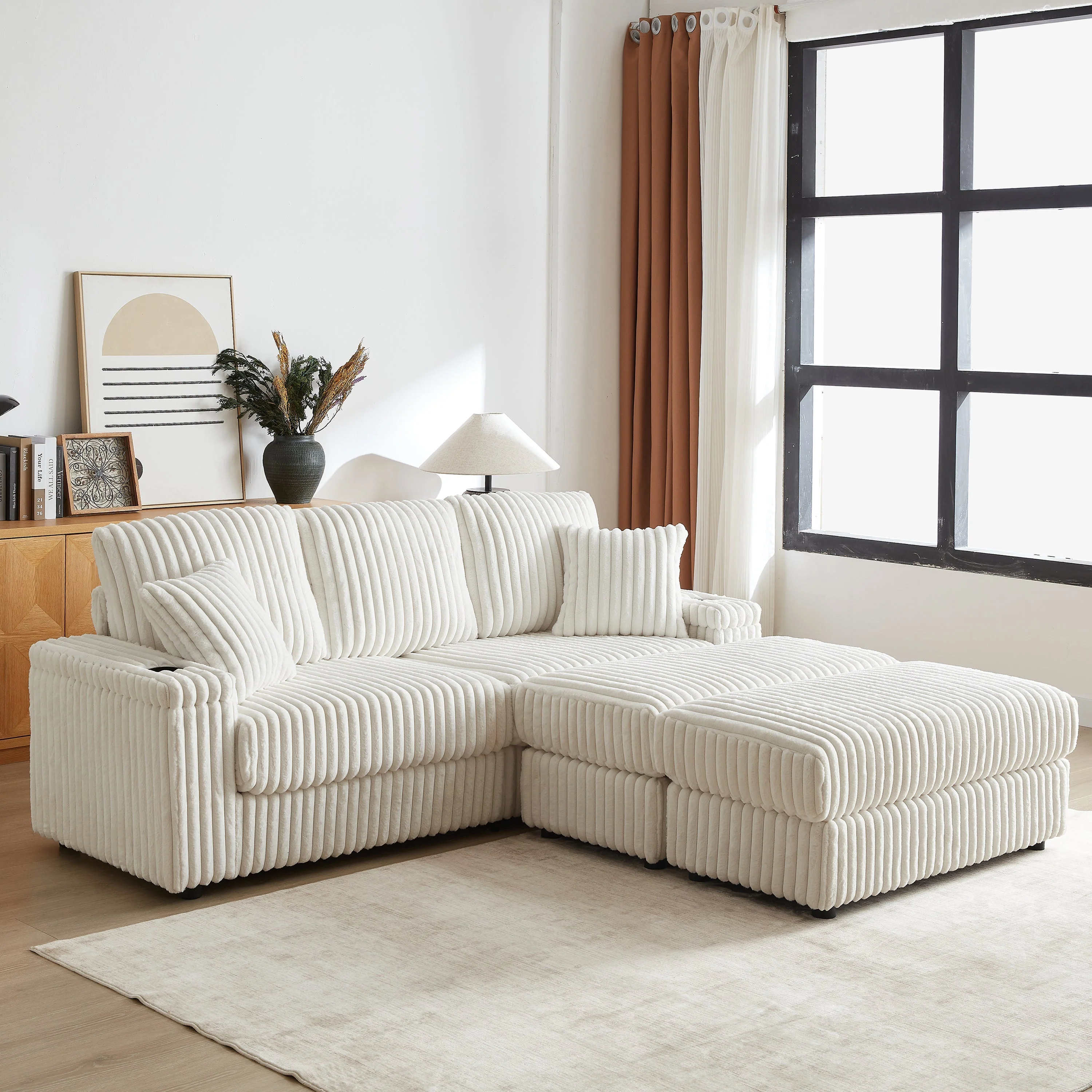 84-Inch Corduroy 3-Seater Sofa with Pillows and Ottomans - Image 19