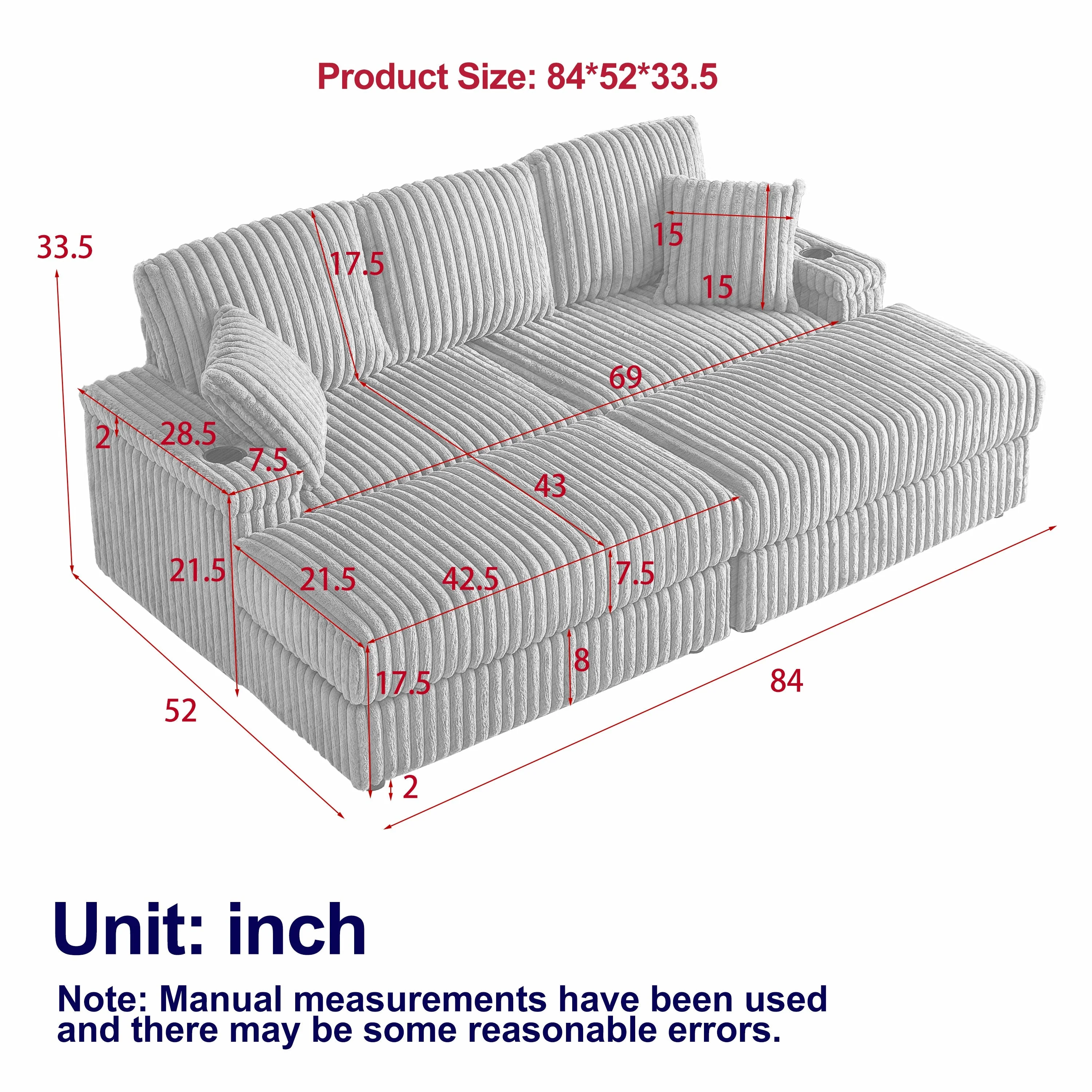 84-Inch Corduroy 3-Seater Sofa with Pillows and Ottomans - Image 2