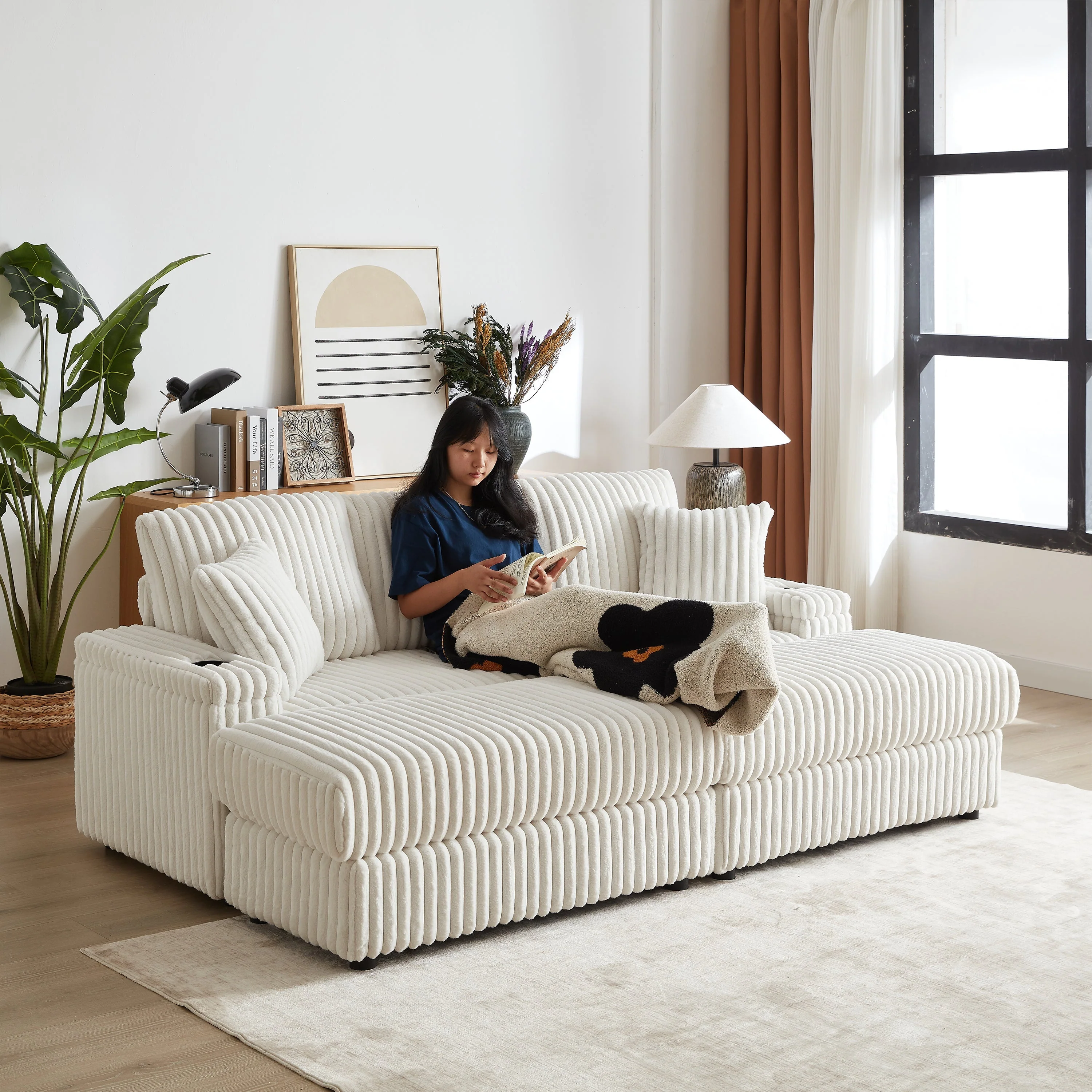 84-Inch Corduroy 3-Seater Sofa with Pillows and Ottomans - Image 22