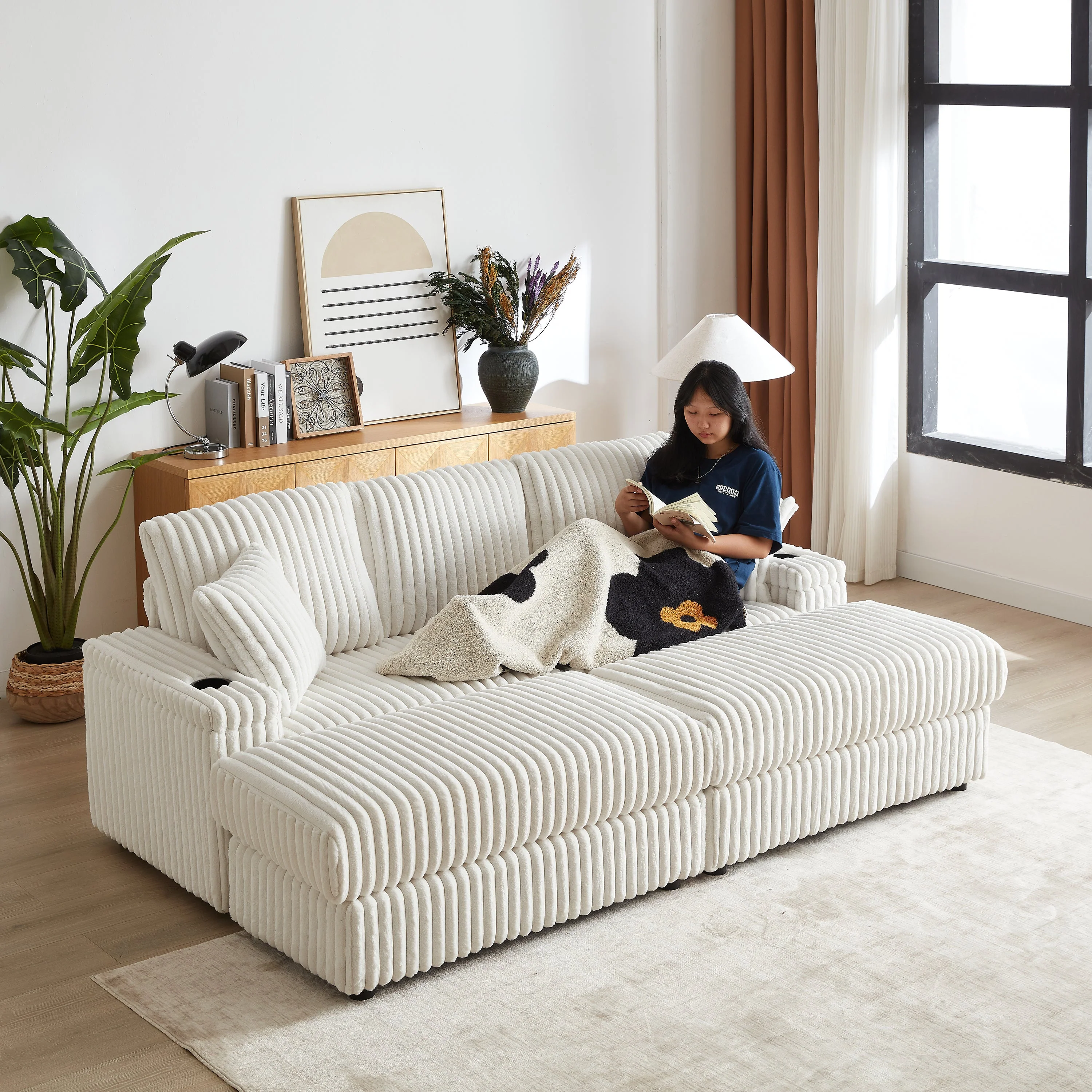84-Inch Corduroy 3-Seater Sofa with Pillows and Ottomans - Image 23