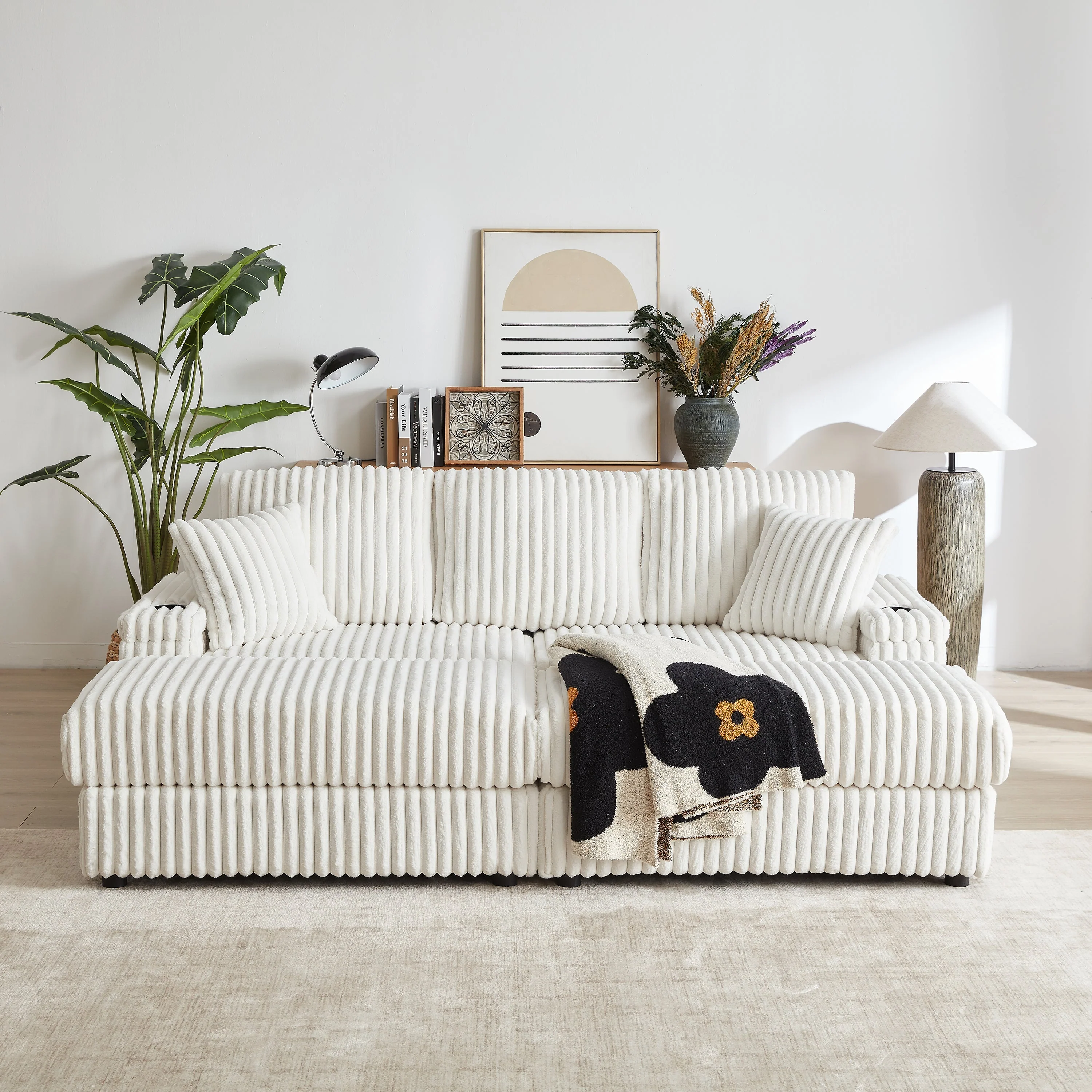 84-Inch Corduroy 3-Seater Sofa with Pillows and Ottomans - Image 4
