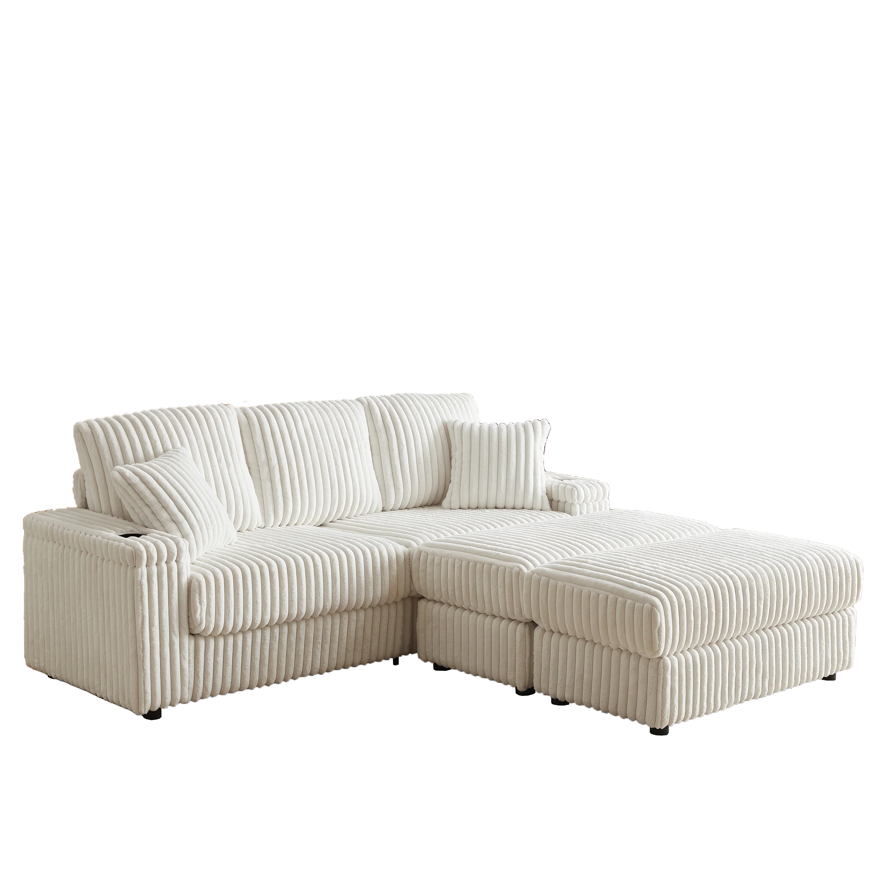 84-Inch Corduroy 3-Seater Sofa with Pillows and Ottomans - Image 5