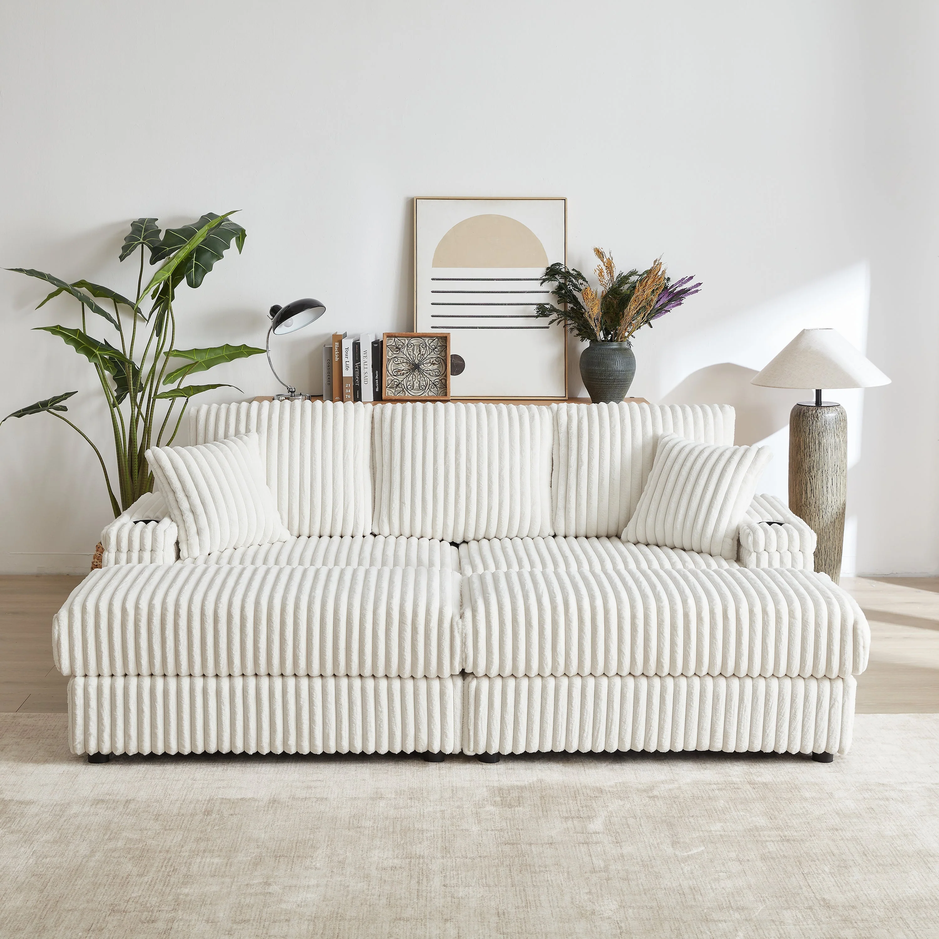 84-Inch Corduroy 3-Seater Sofa with Pillows and Ottomans - Image 8