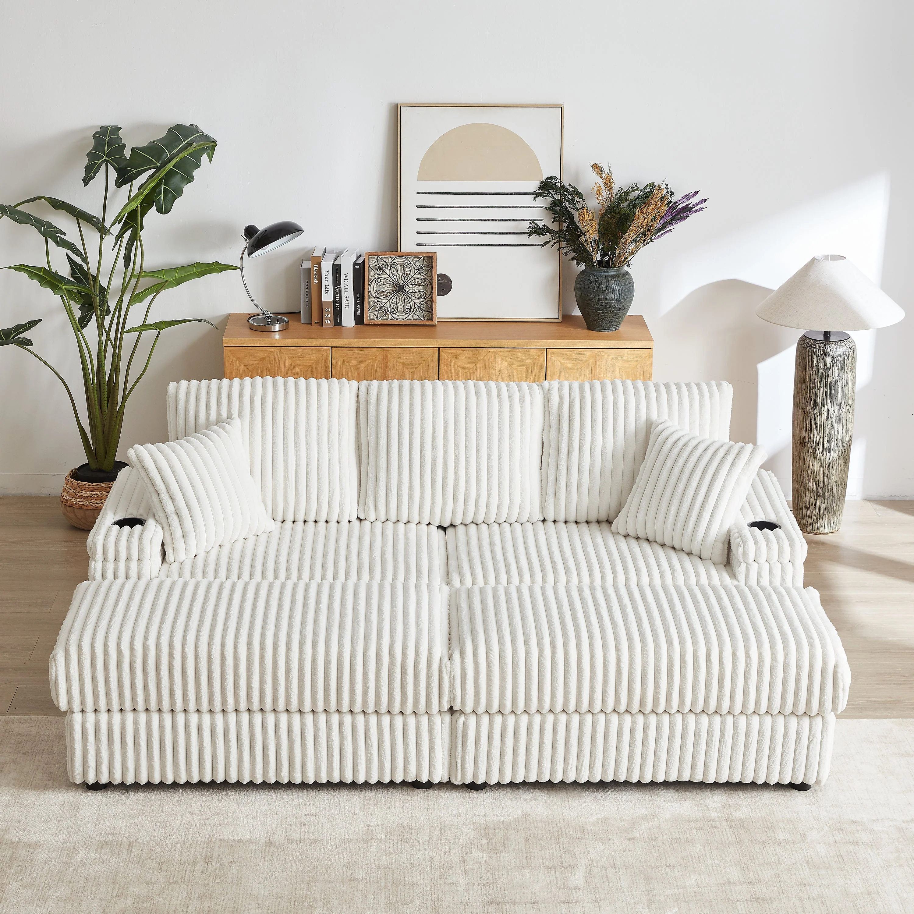 84-Inch Corduroy 3-Seater Sofa with Pillows and Ottomans - Image 9
