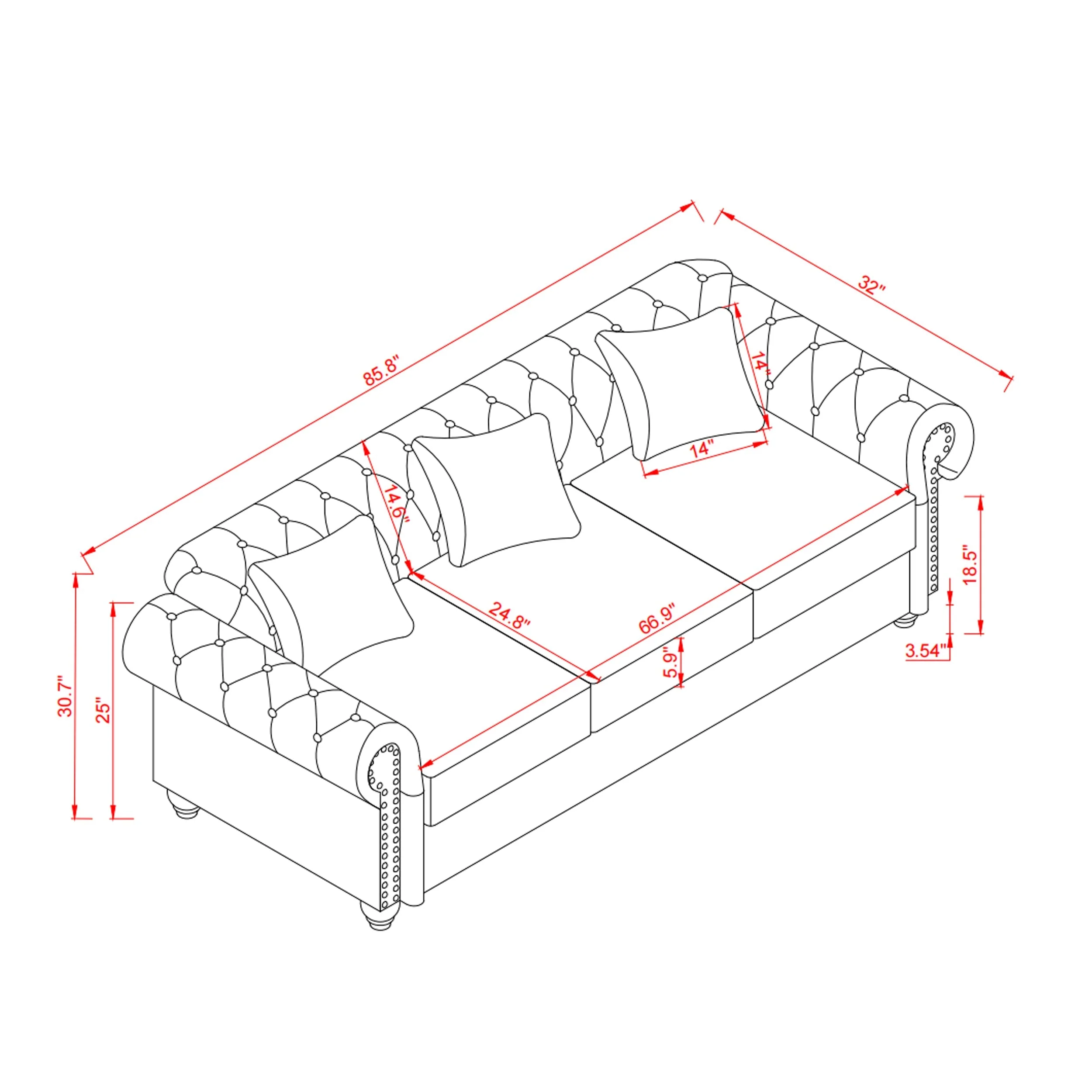85.8' Living Room Chesterfield Sofa Classic Tufted Design Faux Leather PU Upholstered Sofa with Storage (Black) - Image 12