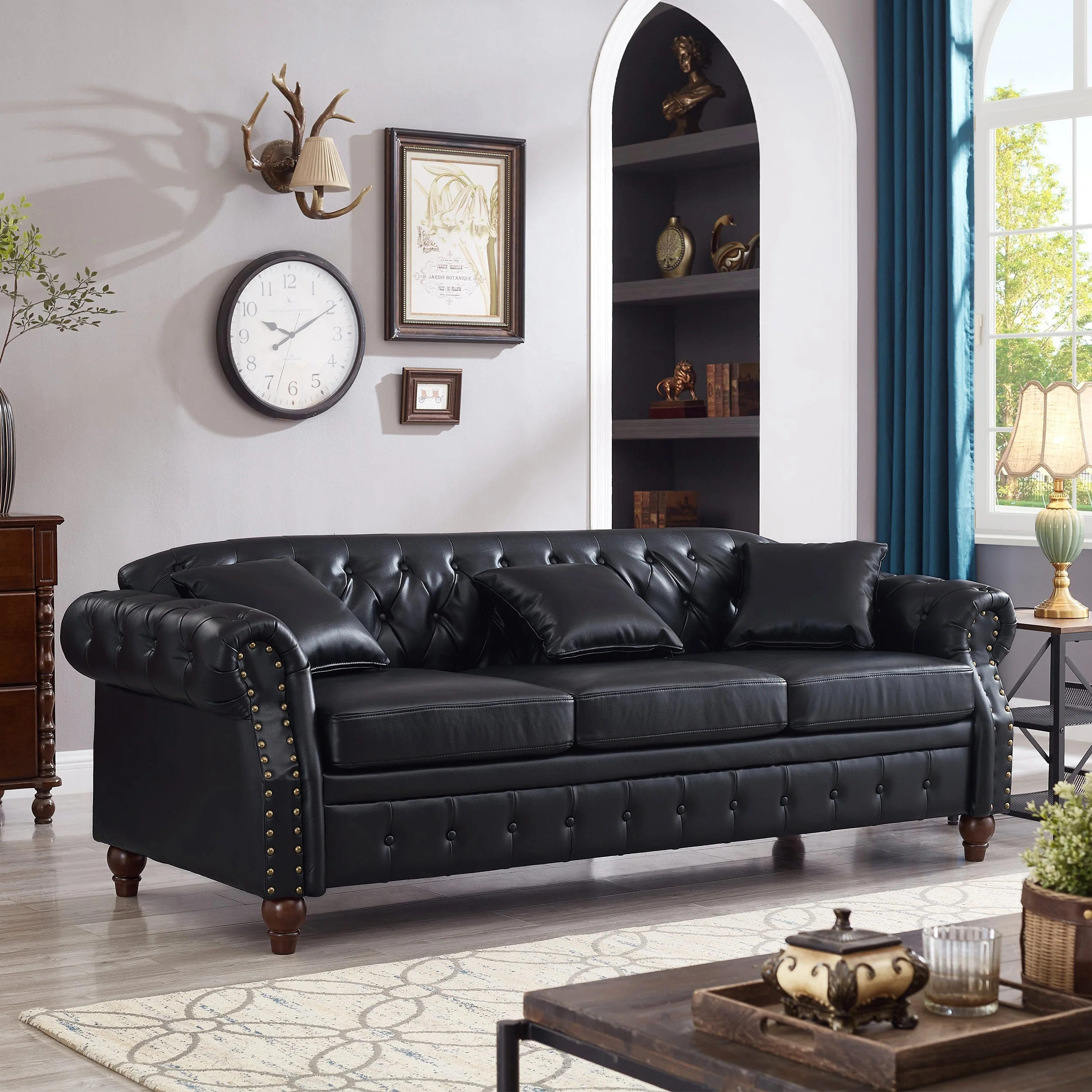 85.8' Living Room Chesterfield Sofa Classic Tufted Design Faux Leather PU Upholstered Sofa with Storage (Black) - Image 2