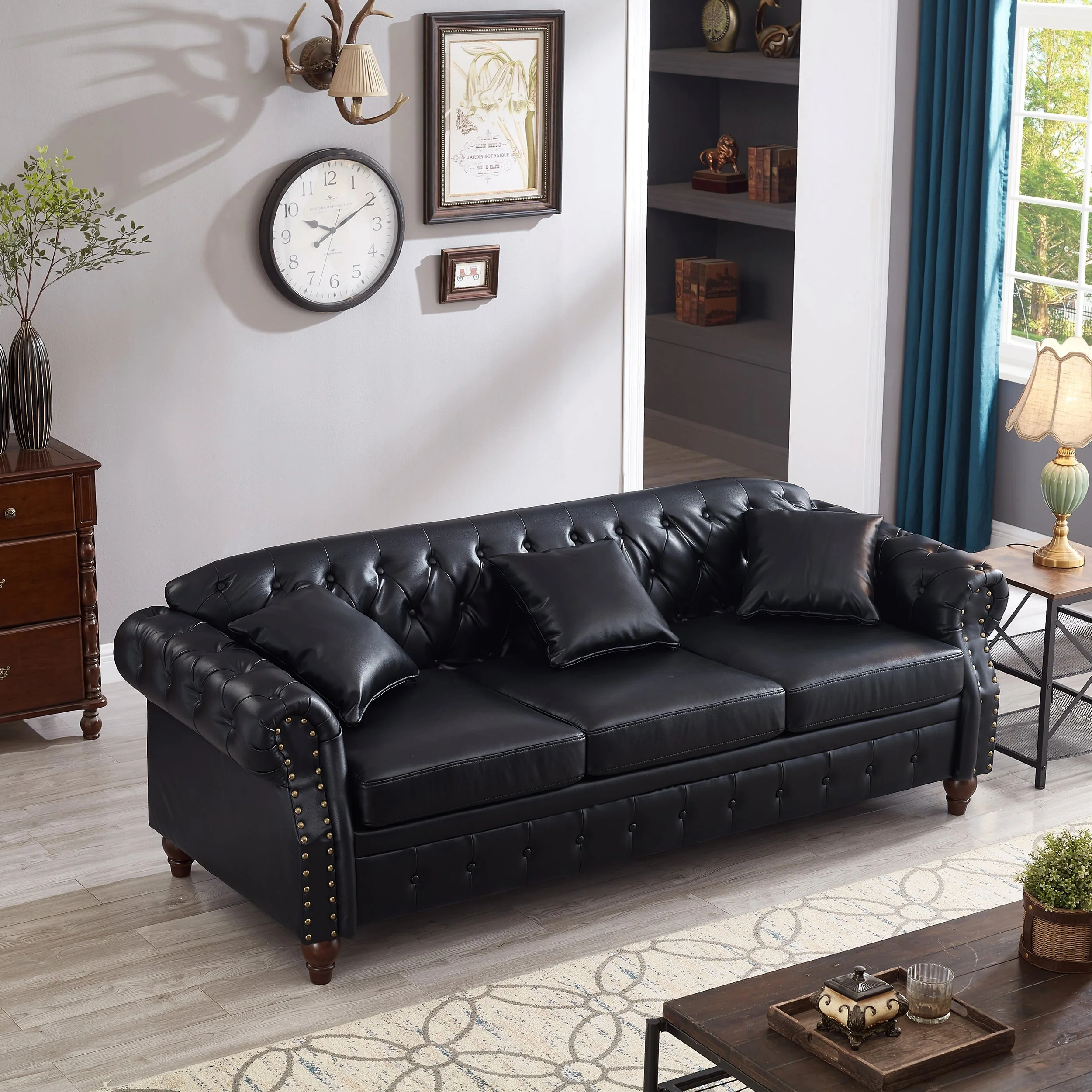85.8' Living Room Chesterfield Sofa Classic Tufted Design Faux Leather PU Upholstered Sofa with Storage (Black) - Image 3
