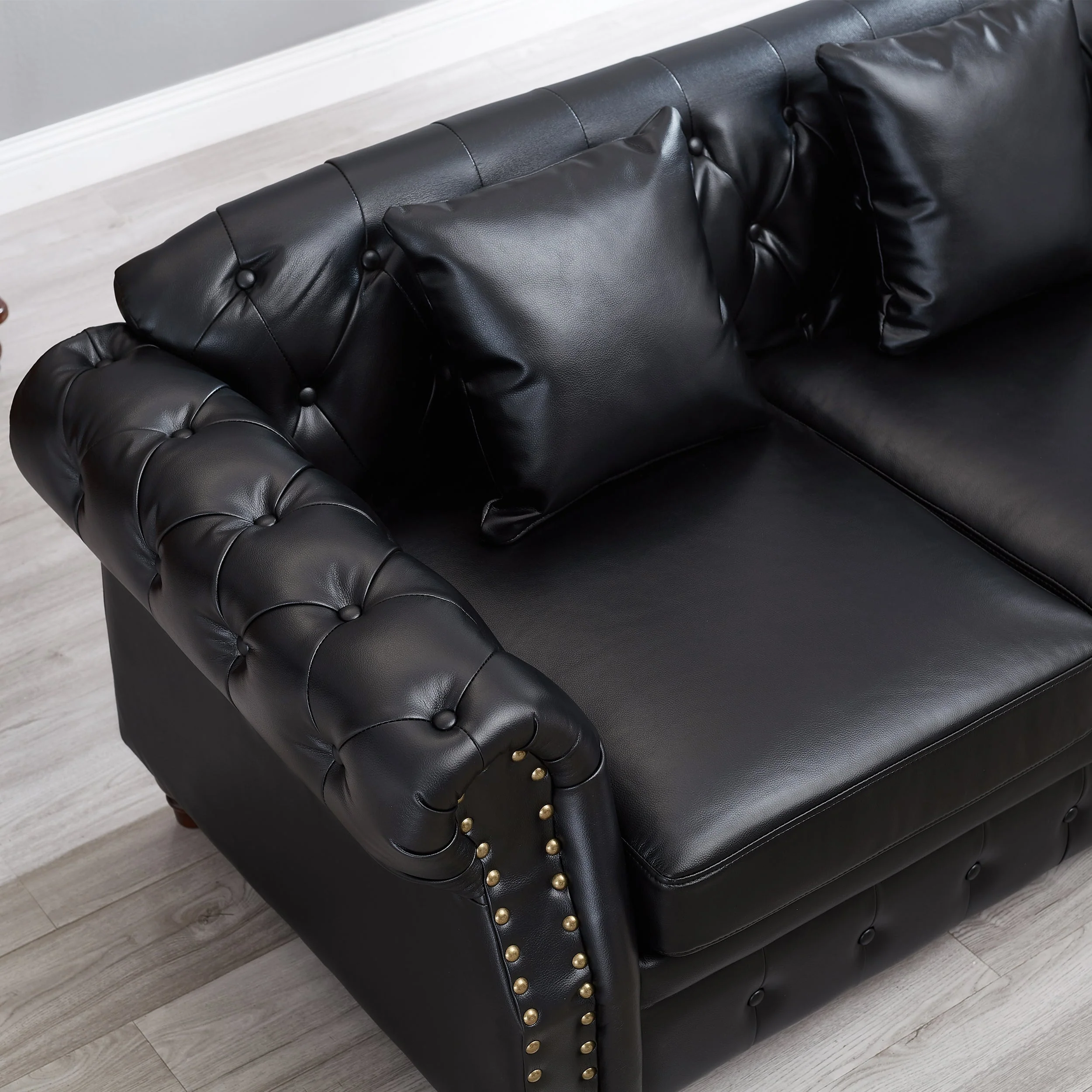 85.8' Living Room Chesterfield Sofa Classic Tufted Design Faux Leather PU Upholstered Sofa with Storage (Black) - Image 4