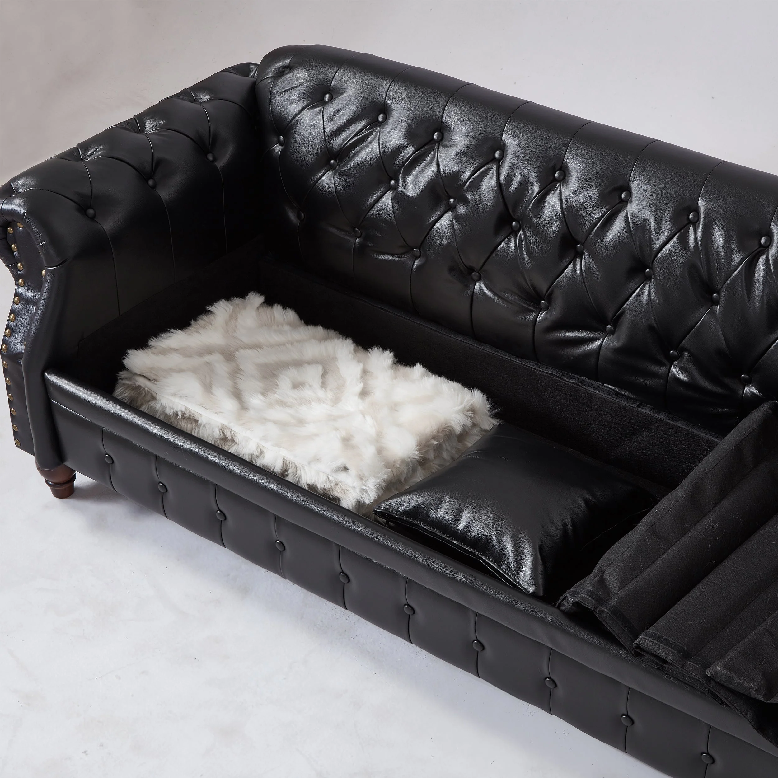 85.8' Living Room Chesterfield Sofa Classic Tufted Design Faux Leather PU Upholstered Sofa with Storage (Black) - Image 5
