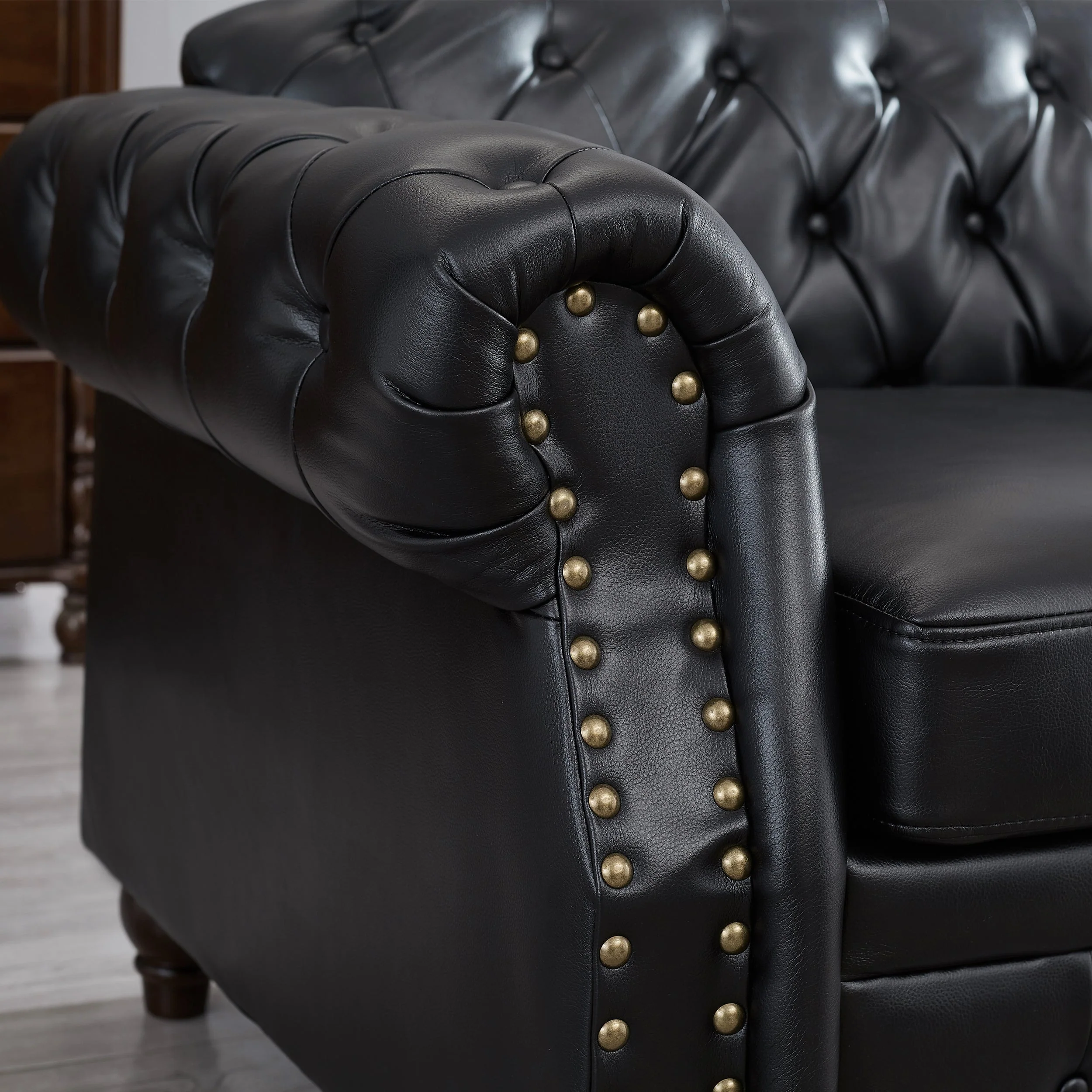 85.8' Living Room Chesterfield Sofa Classic Tufted Design Faux Leather PU Upholstered Sofa with Storage (Black) - Image 7