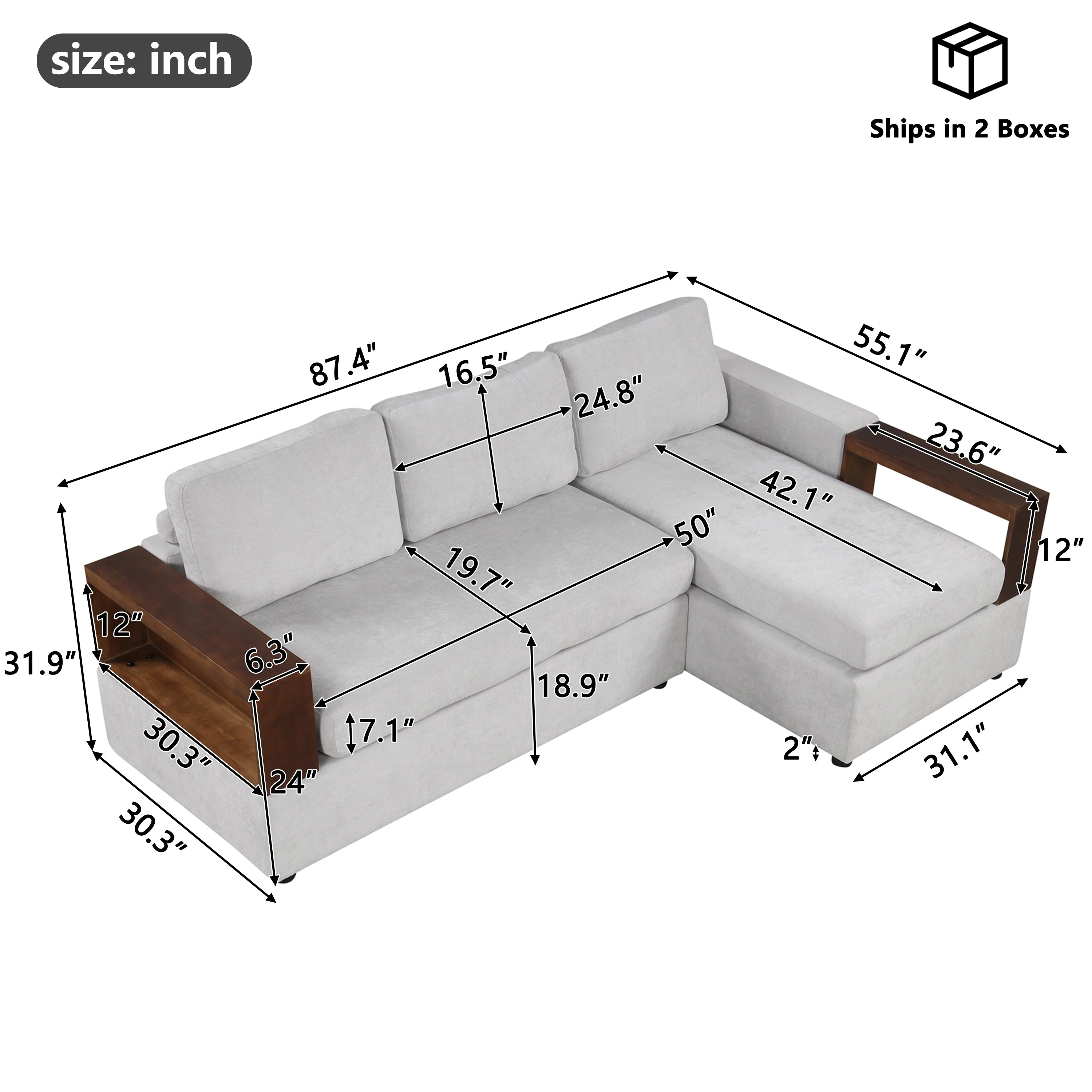 87.4' Sectional Sofa with Reversible Armrests Gray Chenille Upholstery - Image 3