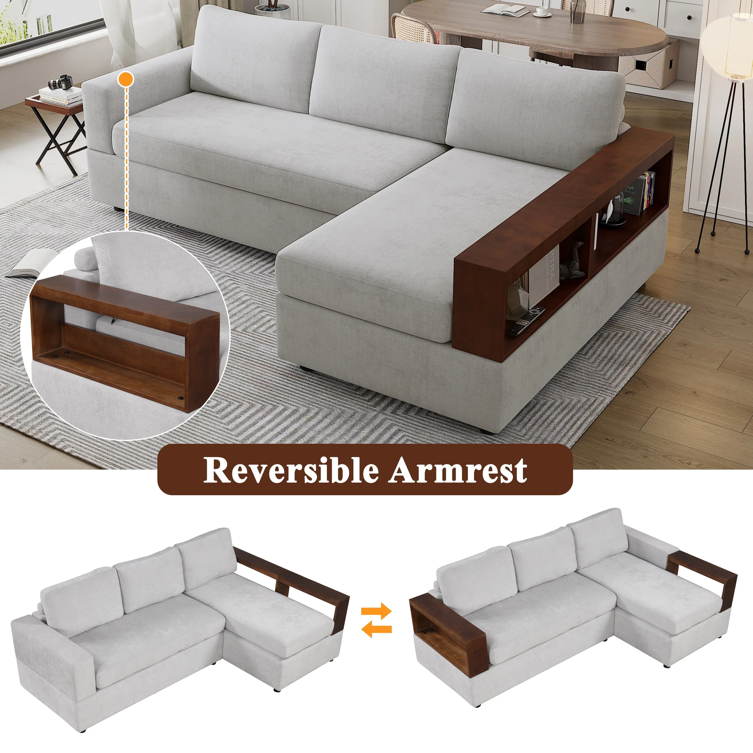 87.4' Sectional Sofa with Reversible Armrests Gray Chenille Upholstery - Image 5