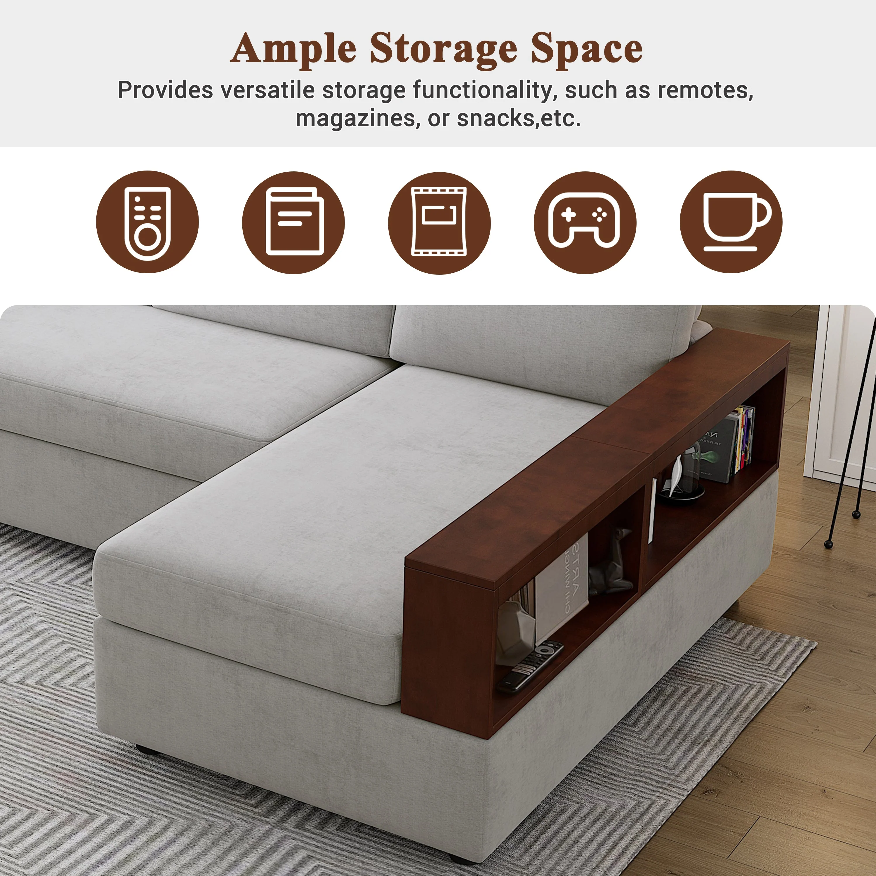 87.4' Sectional Sofa with Reversible Armrests Gray Chenille Upholstery - Image 6