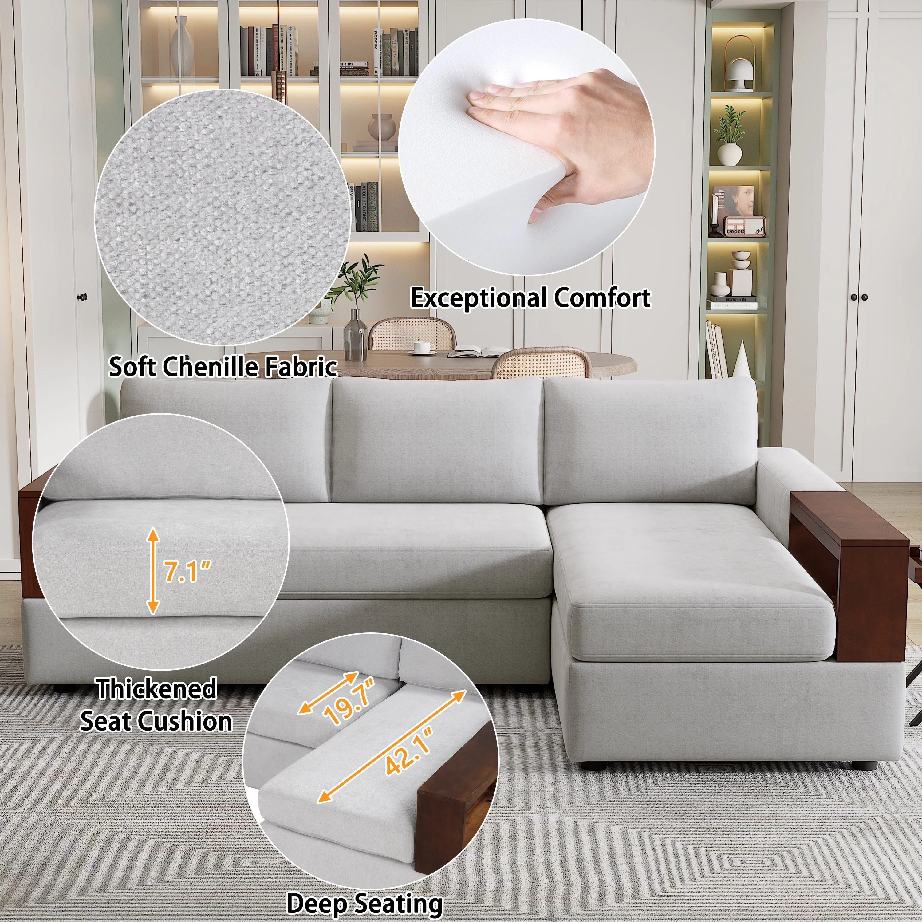 87.4' Sectional Sofa with Reversible Armrests Gray Chenille Upholstery - Image 7