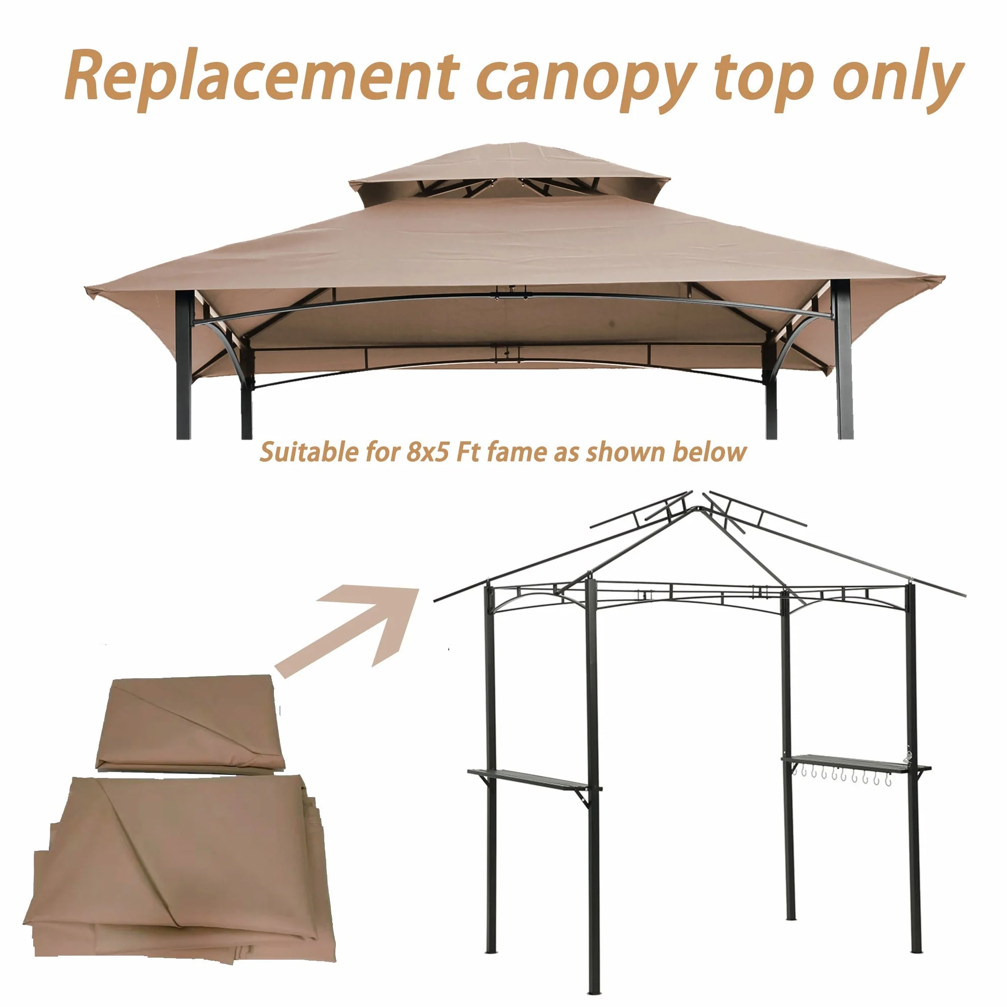 8x5Ft Grill Gazebo Replacement Canopy, Double Tiered BBQ Tent Roof Top Cover, Beige - Image 2
