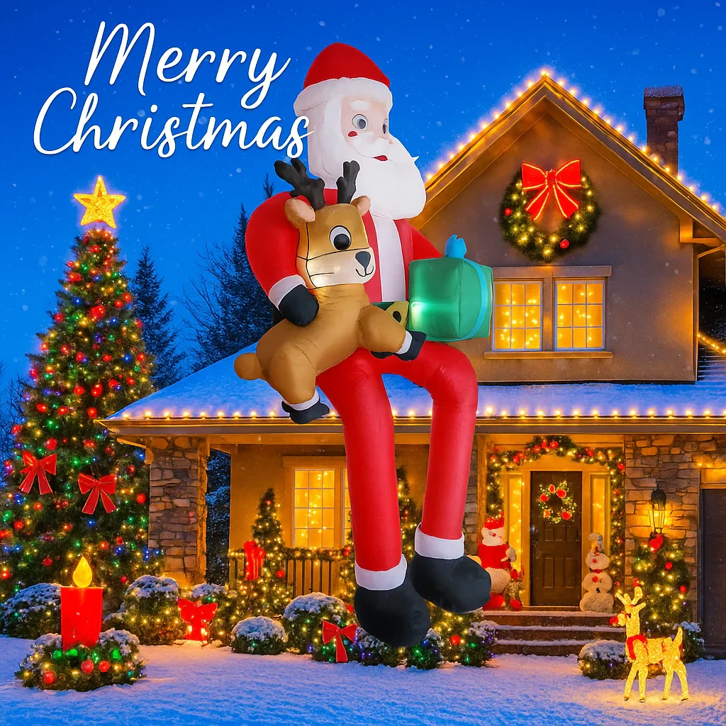 9.5FT Inflatable Christmas Santa Claus with Reindeer LED Outdoor Yard Decor - Image 3