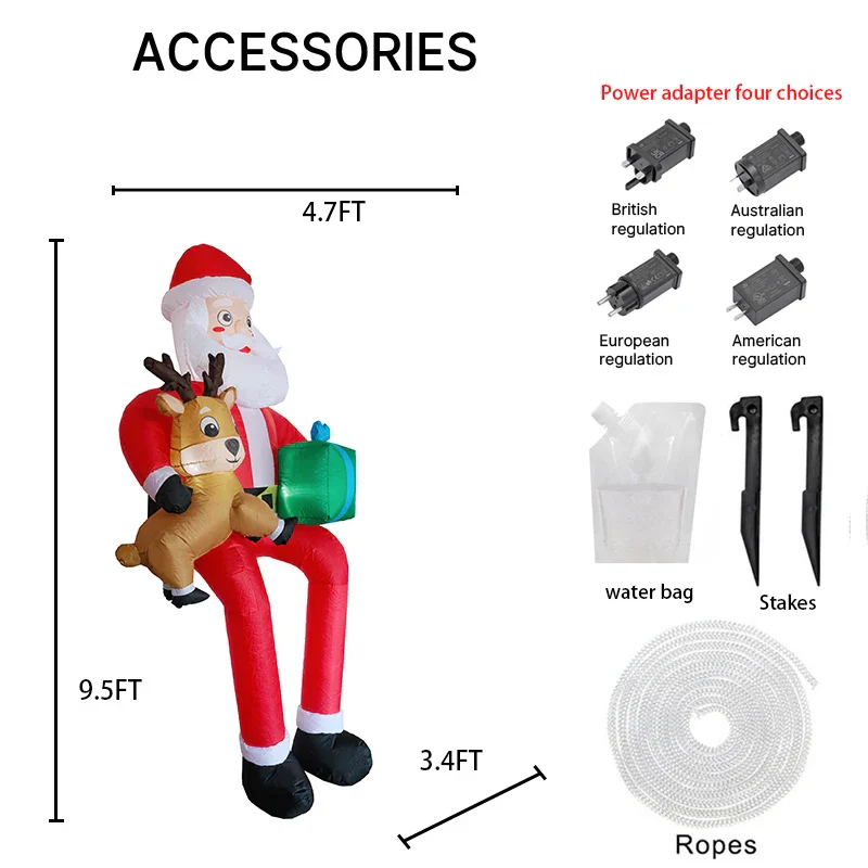 9.5FT Inflatable Christmas Santa Claus with Reindeer LED Outdoor Yard Decor - Image 6