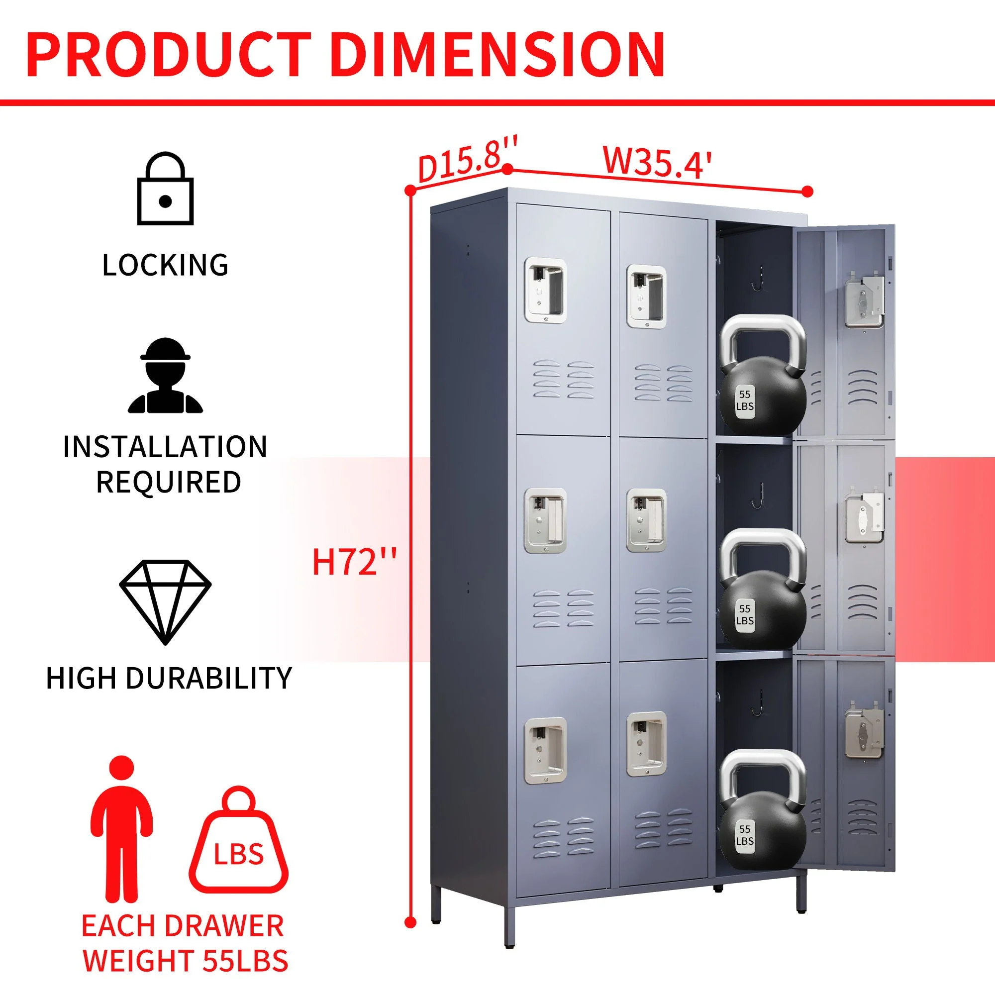 9 Door Lockers With Lock For Storage In Office, School, Gym, And Bedroom - Gray - Image 13