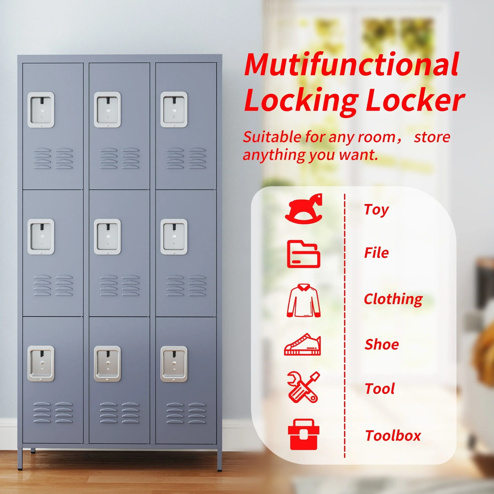 9 Door Lockers With Lock For Storage In Office, School, Gym, And Bedroom - Gray - Image 16