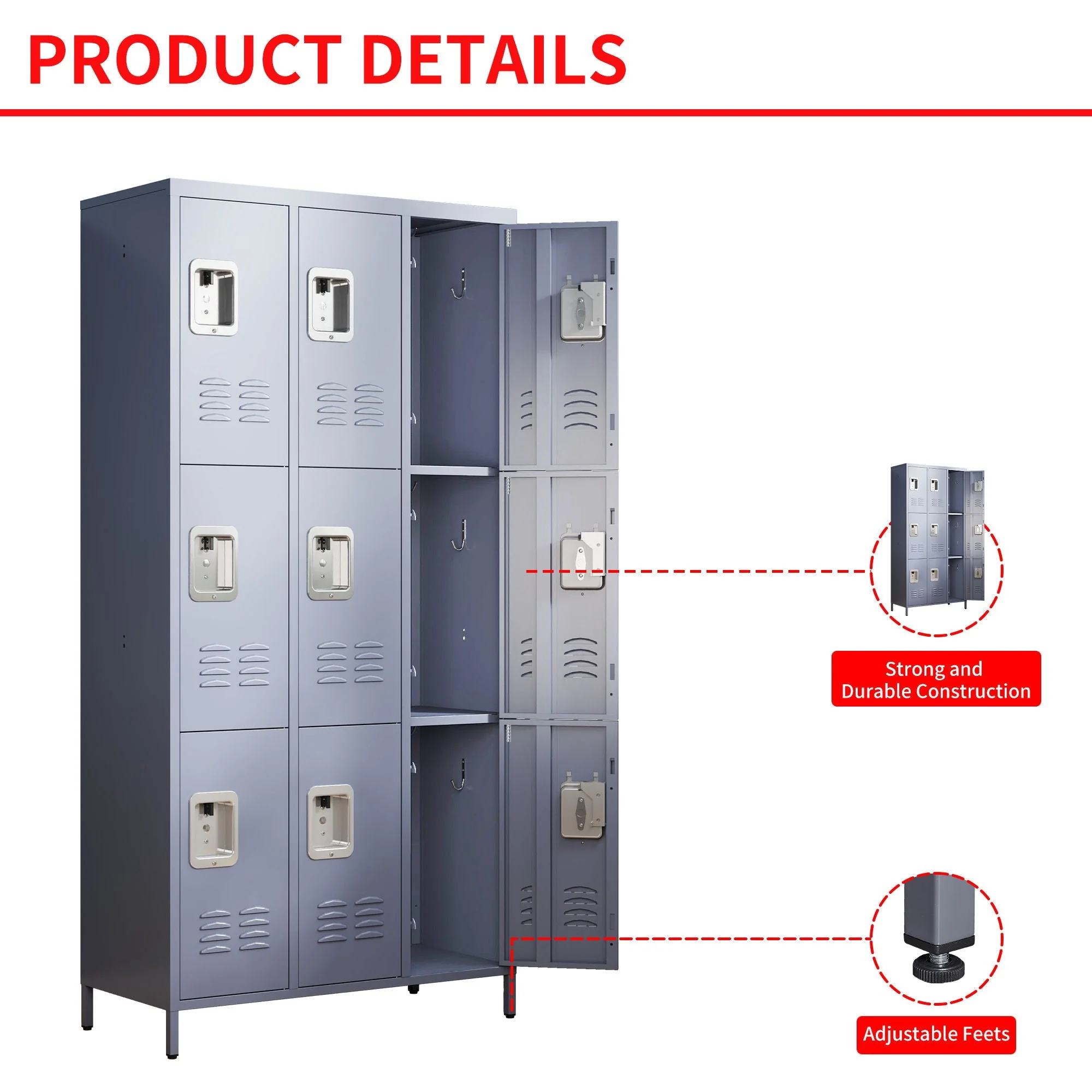 9 Door Lockers With Lock For Storage In Office, School, Gym, And Bedroom - Gray - Image 2