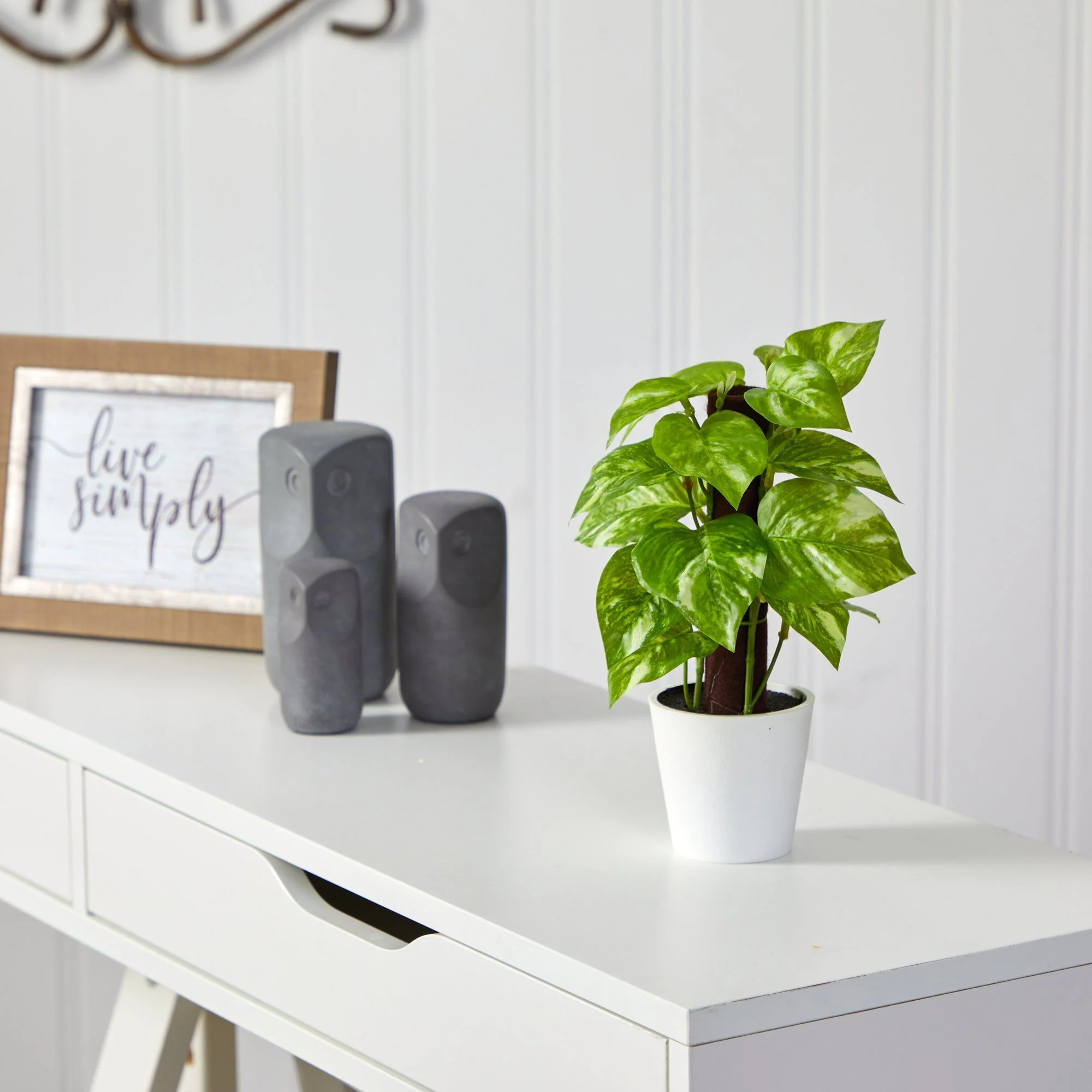 9” Faux Pothos Plant in White Planter (Real Touch) - Image 3