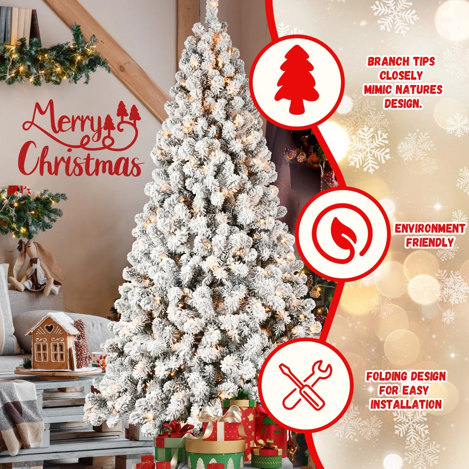 9-Foot Pre-Lit Snow-Flocked Christmas Tree - Image 5