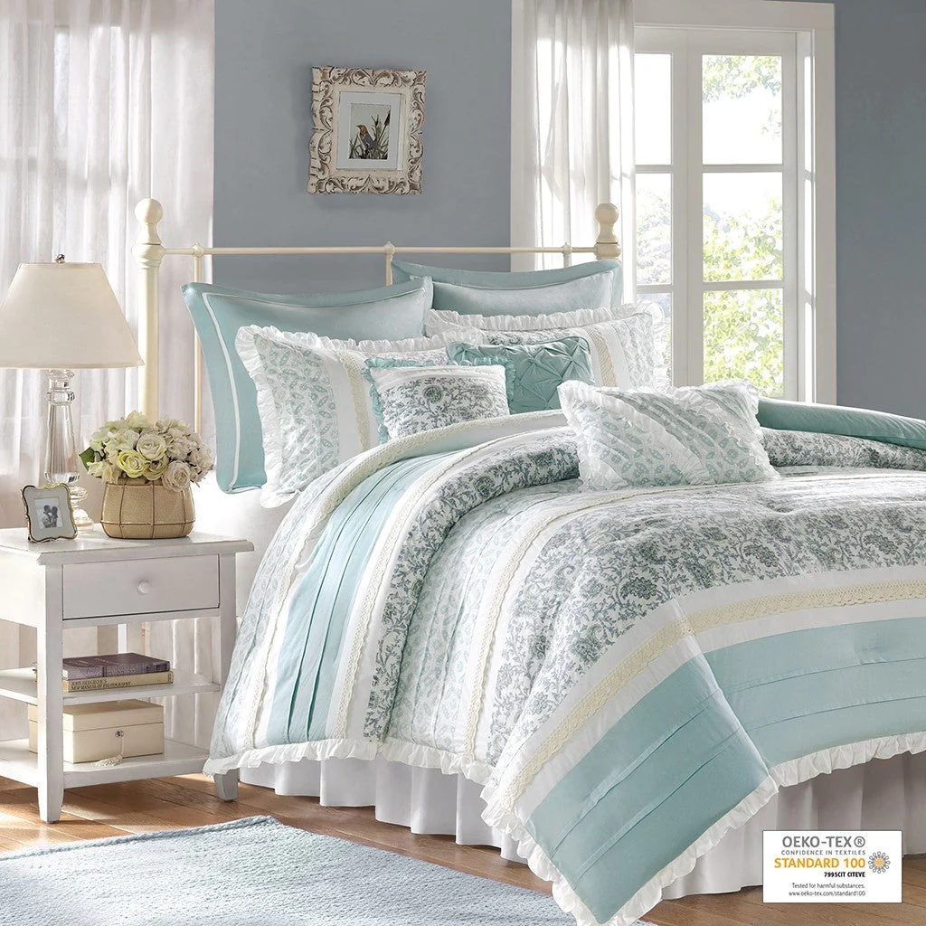 9 Piece Cotton Percale Comforter Set Aqua - Image 33