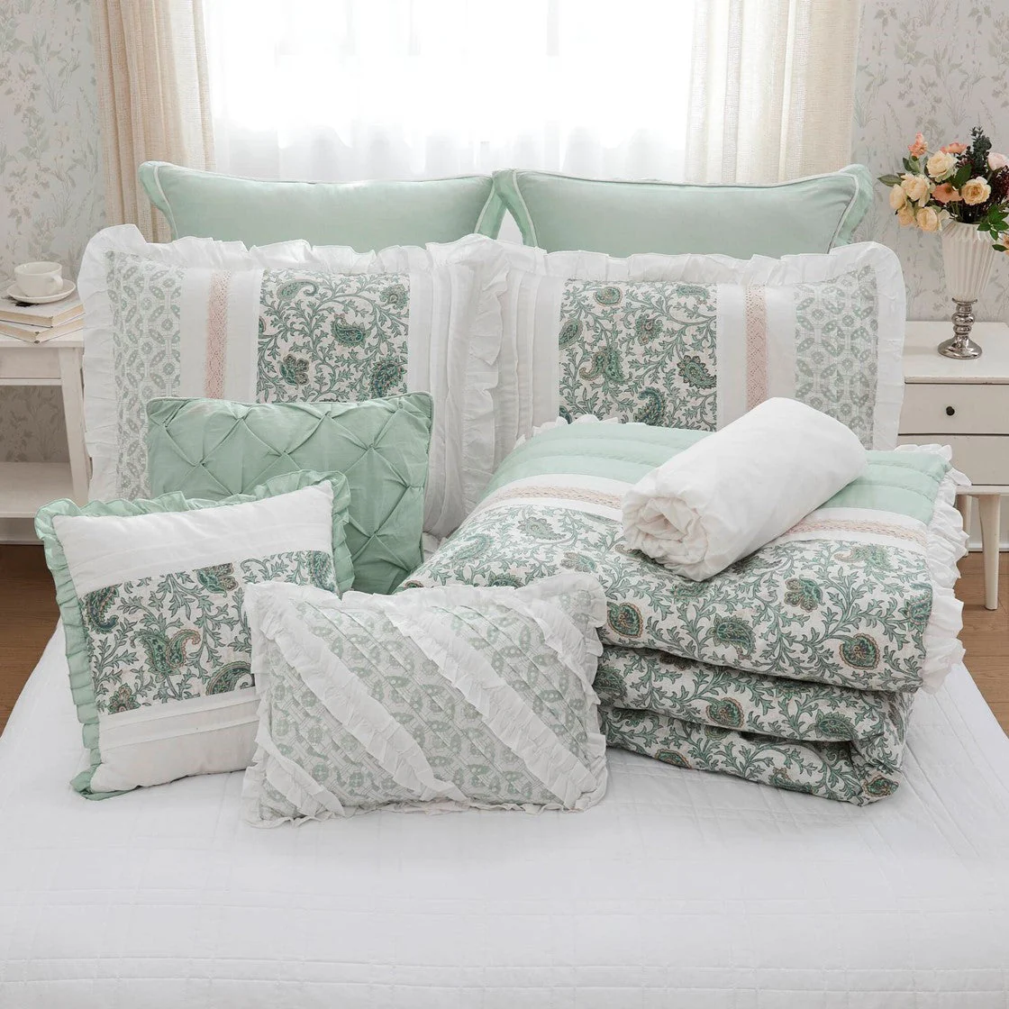9 Piece Cotton Percale Comforter Set Aqua - Image 53