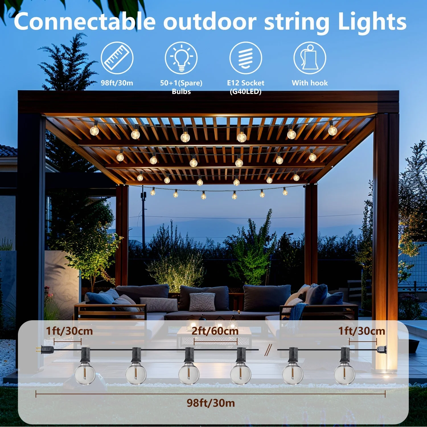 98FT LED Outdoor String Lights with 50 Shatterproof Bulbs - Image 10