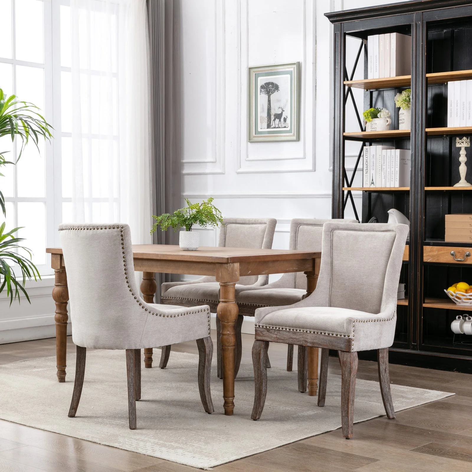 A&A Furniture Ultra Side Dining Chair with Thickened Fabric and Bronze Nail Head, Beige, Set of 2 - Image 13