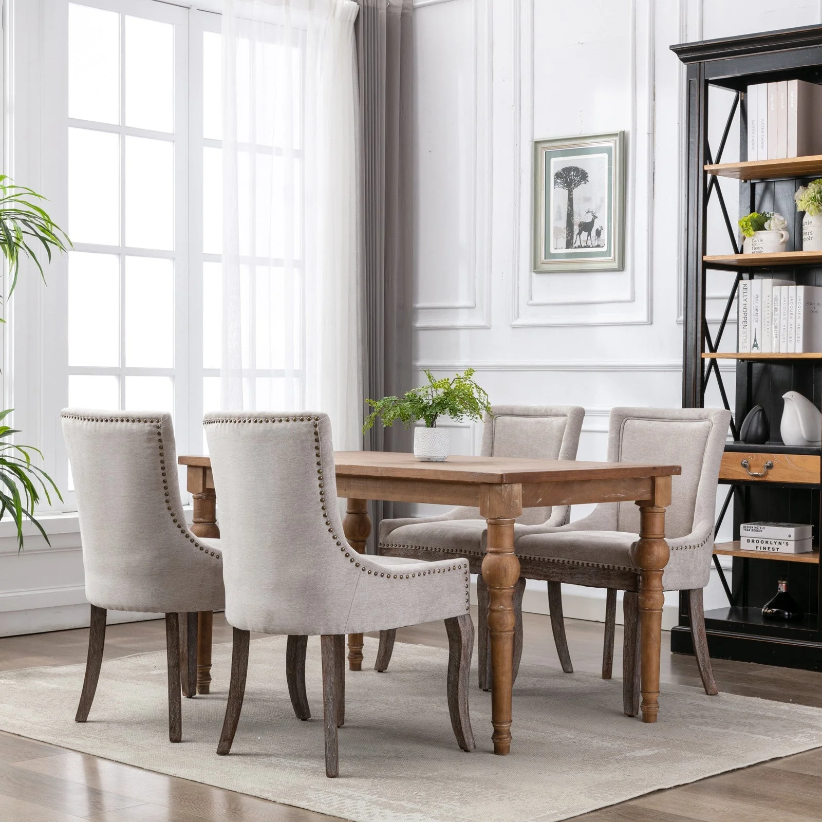 A&A Furniture Ultra Side Dining Chair with Thickened Fabric and Bronze Nail Head, Beige, Set of 2 - Image 14