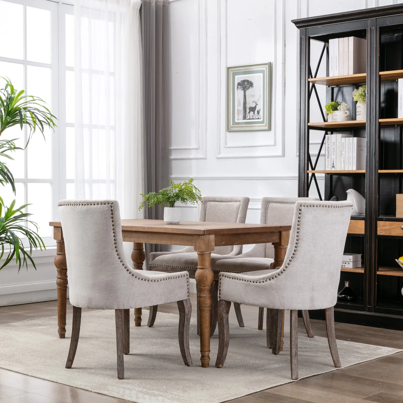 A&A Furniture Ultra Side Dining Chair with Thickened Fabric and Bronze Nail Head, Beige, Set of 2 - Image 15