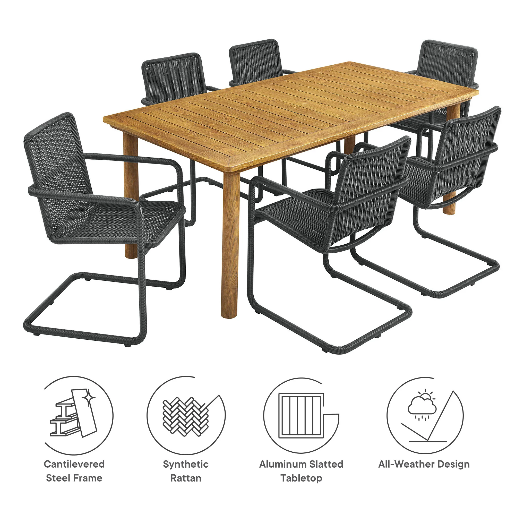 Abacus 7-Piece Rectangular Outdoor Patio Aluminum Dining Table Set with Rattan Armchairs - Image 18