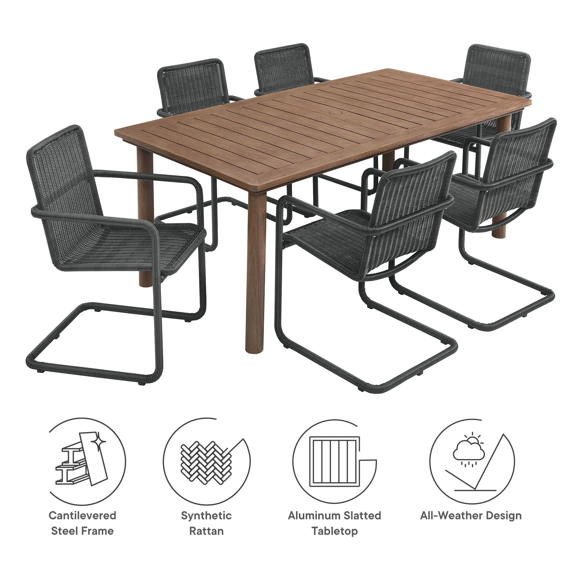 Abacus 7-Piece Rectangular Outdoor Patio Aluminum Dining Table Set with Rattan Armchairs - Image 19