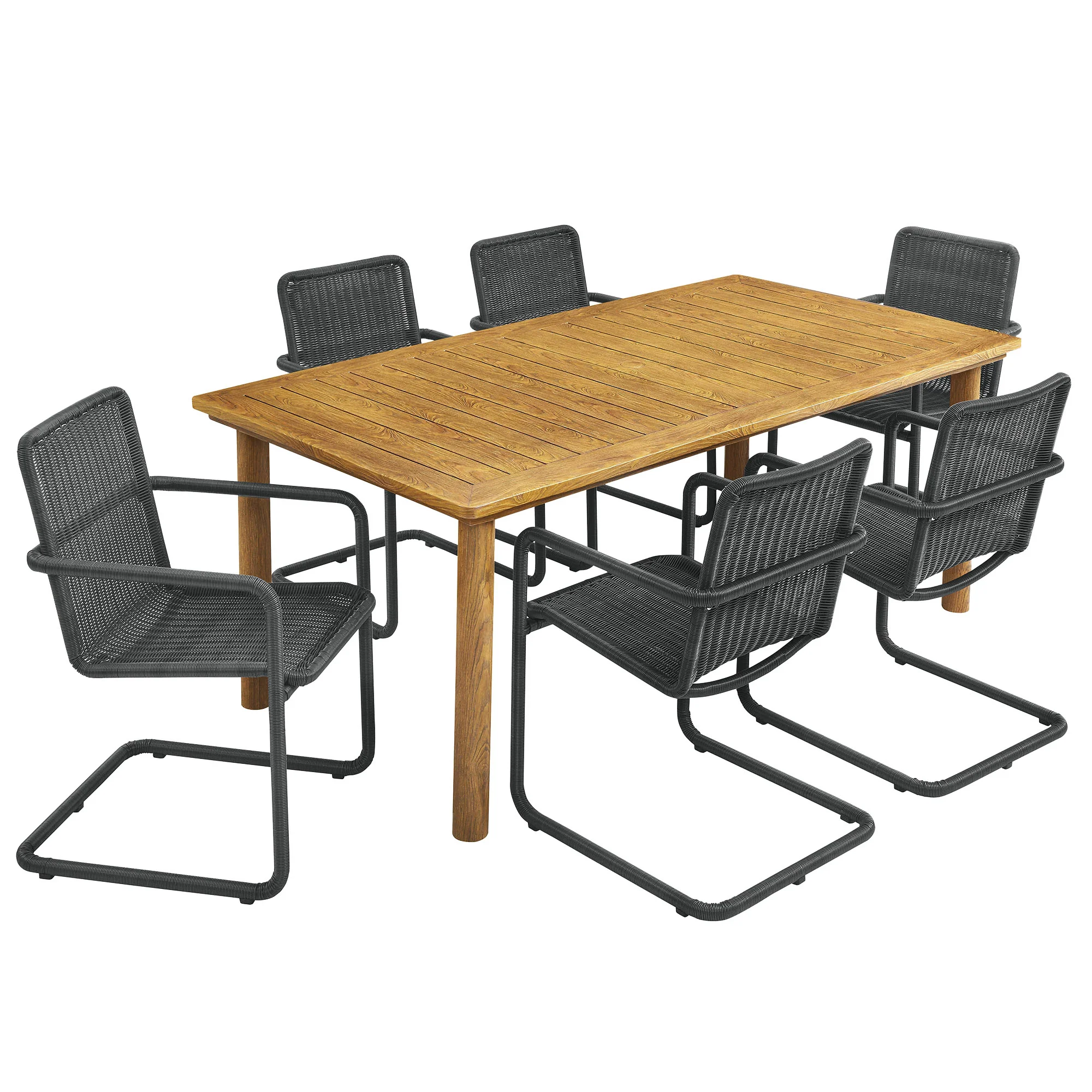 Abacus 7-Piece Rectangular Outdoor Patio Aluminum Dining Table Set with Rattan Armchairs - Image 20