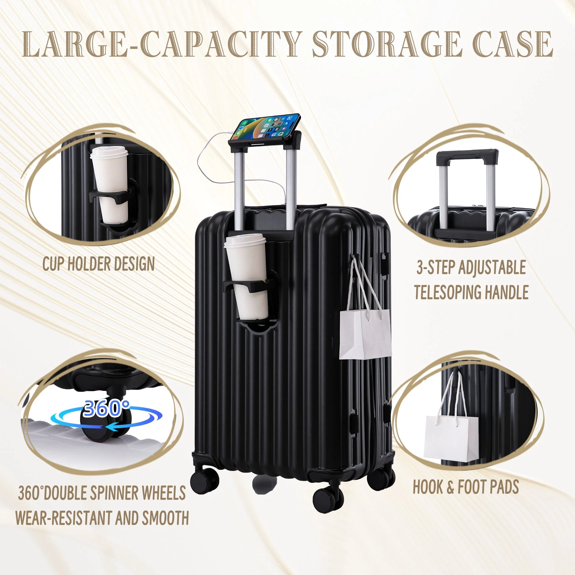 ABS Spinner Wheel Luggage Carry On Suitcase with Cup Holder and USB Port - Image 2