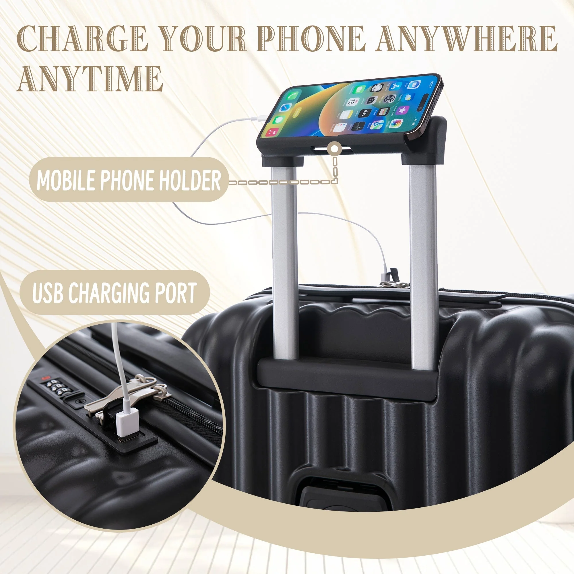 ABS Spinner Wheel Luggage Carry On Suitcase with Cup Holder and USB Port - Image 9