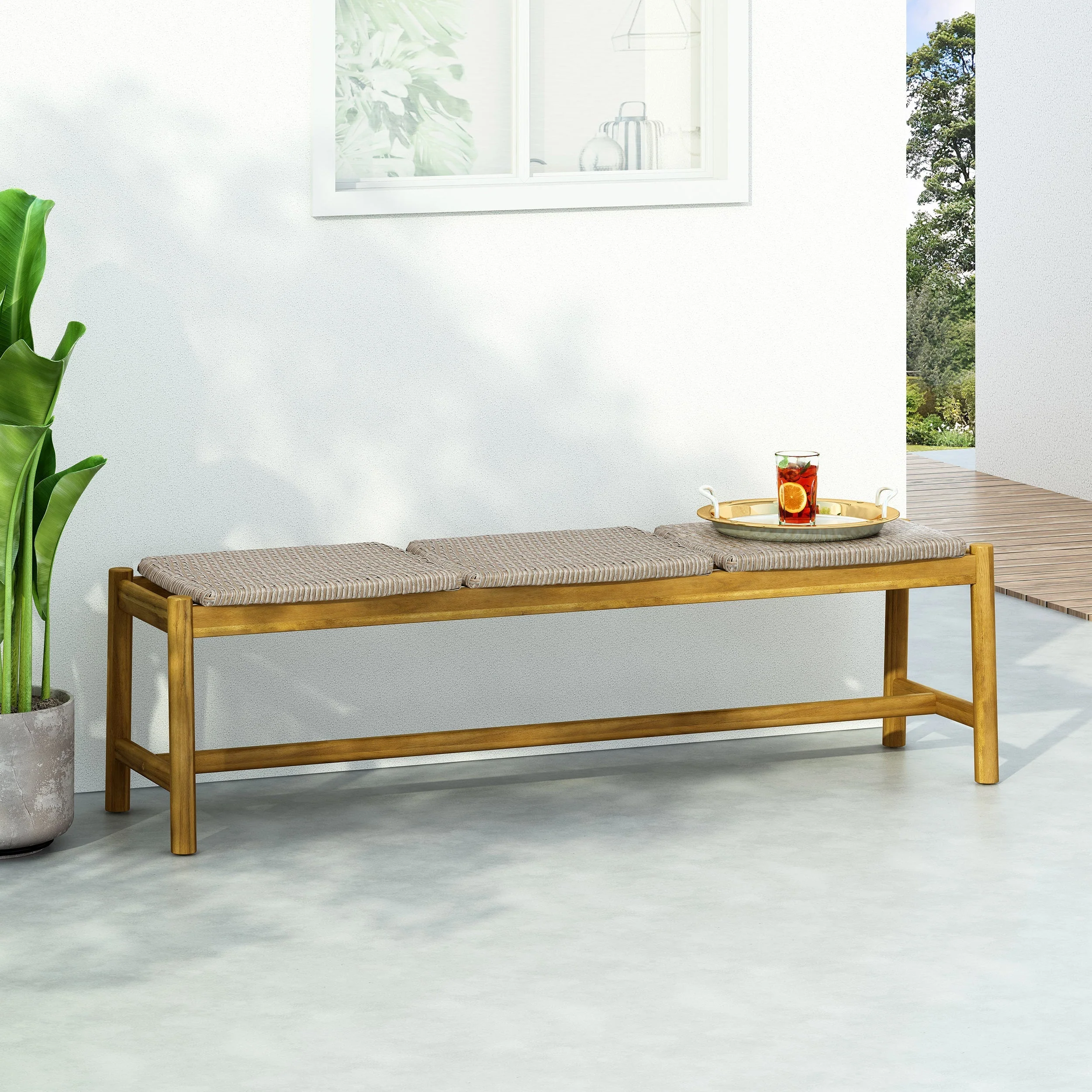 Acacia Wood Bench with 3 Seaters, Teak - Image 2