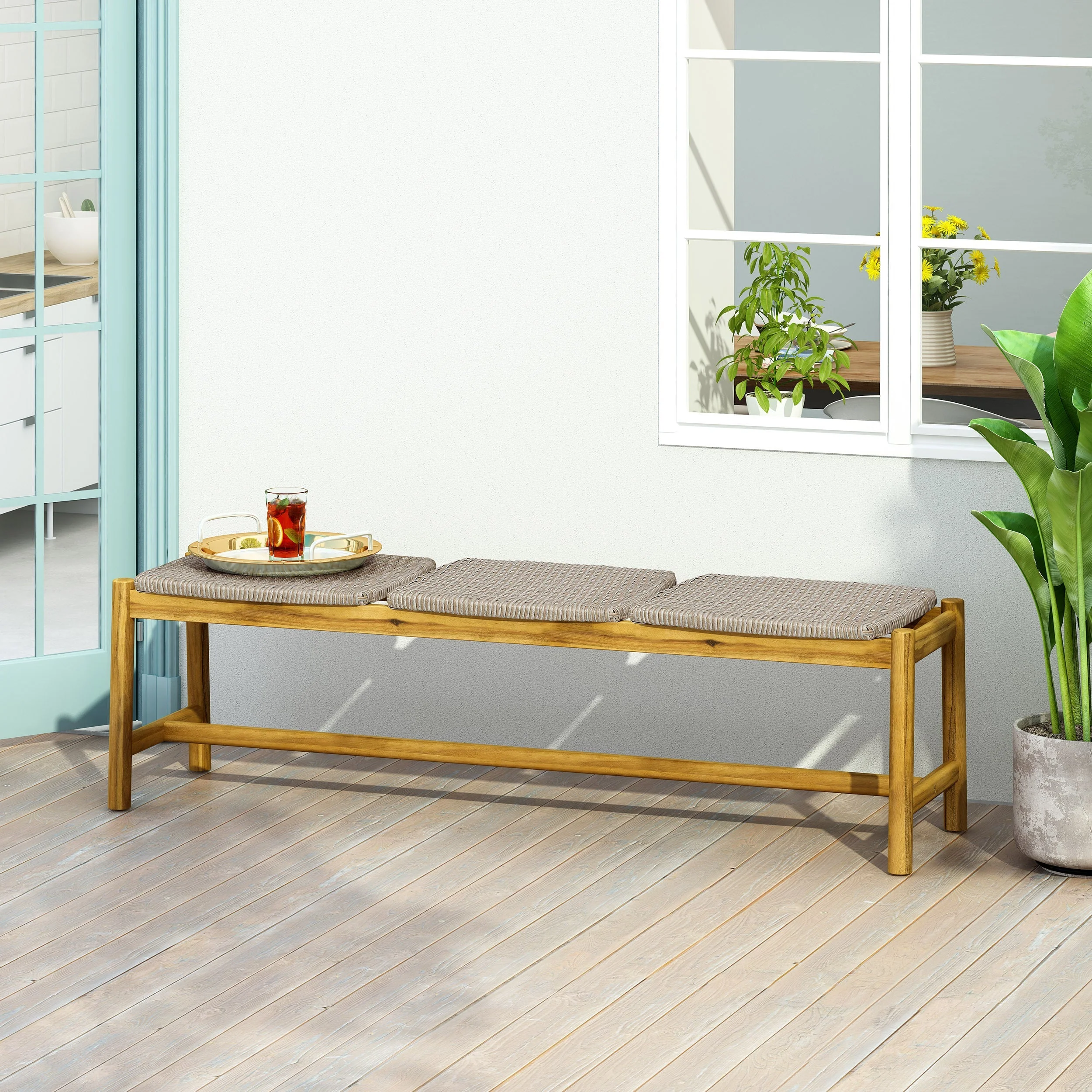 Acacia Wood Bench with 3 Seaters, Teak - Image 9