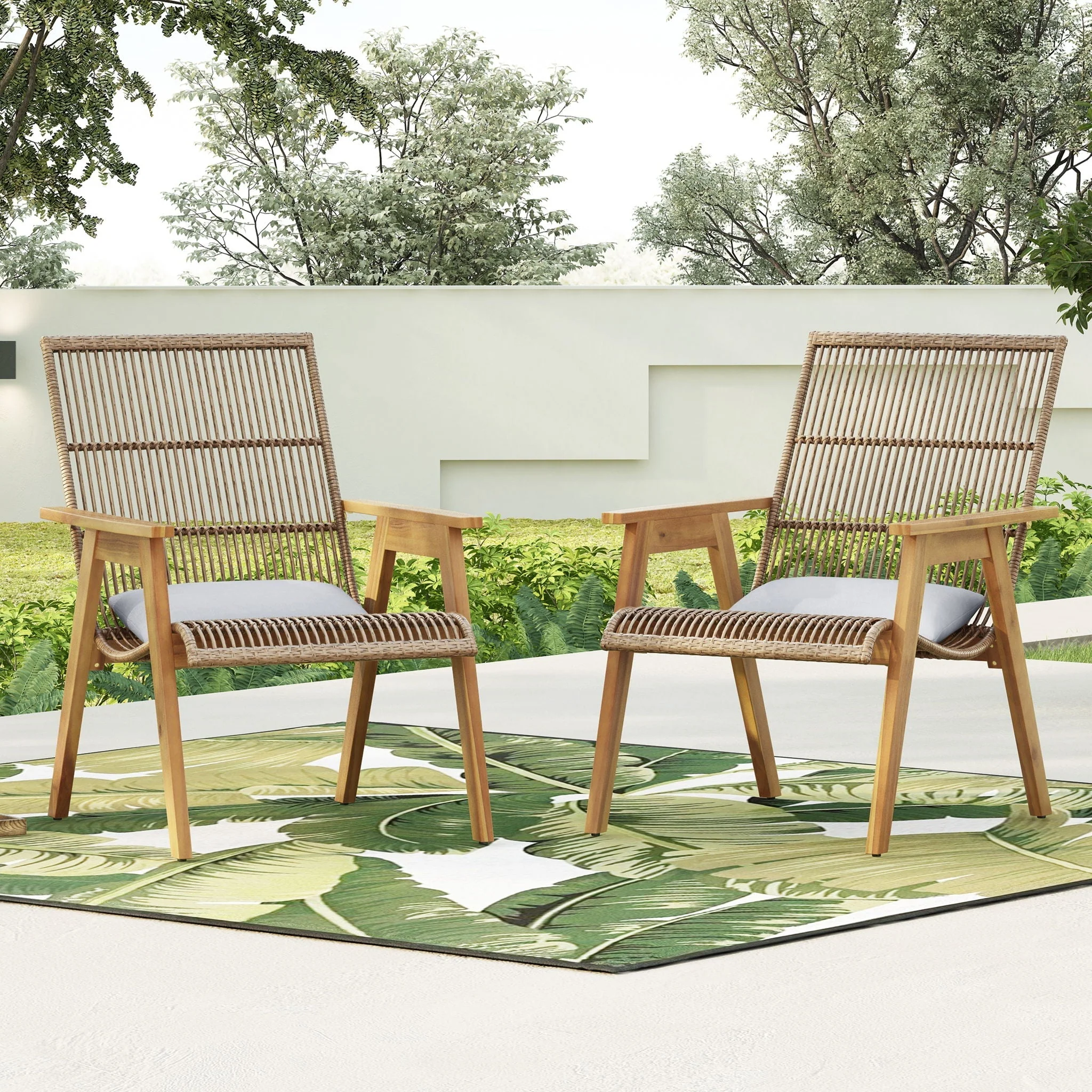 Acacia Wood Cape Woven Wicker Large Lounge Chair With Pillow (Set of 2) - Image 3